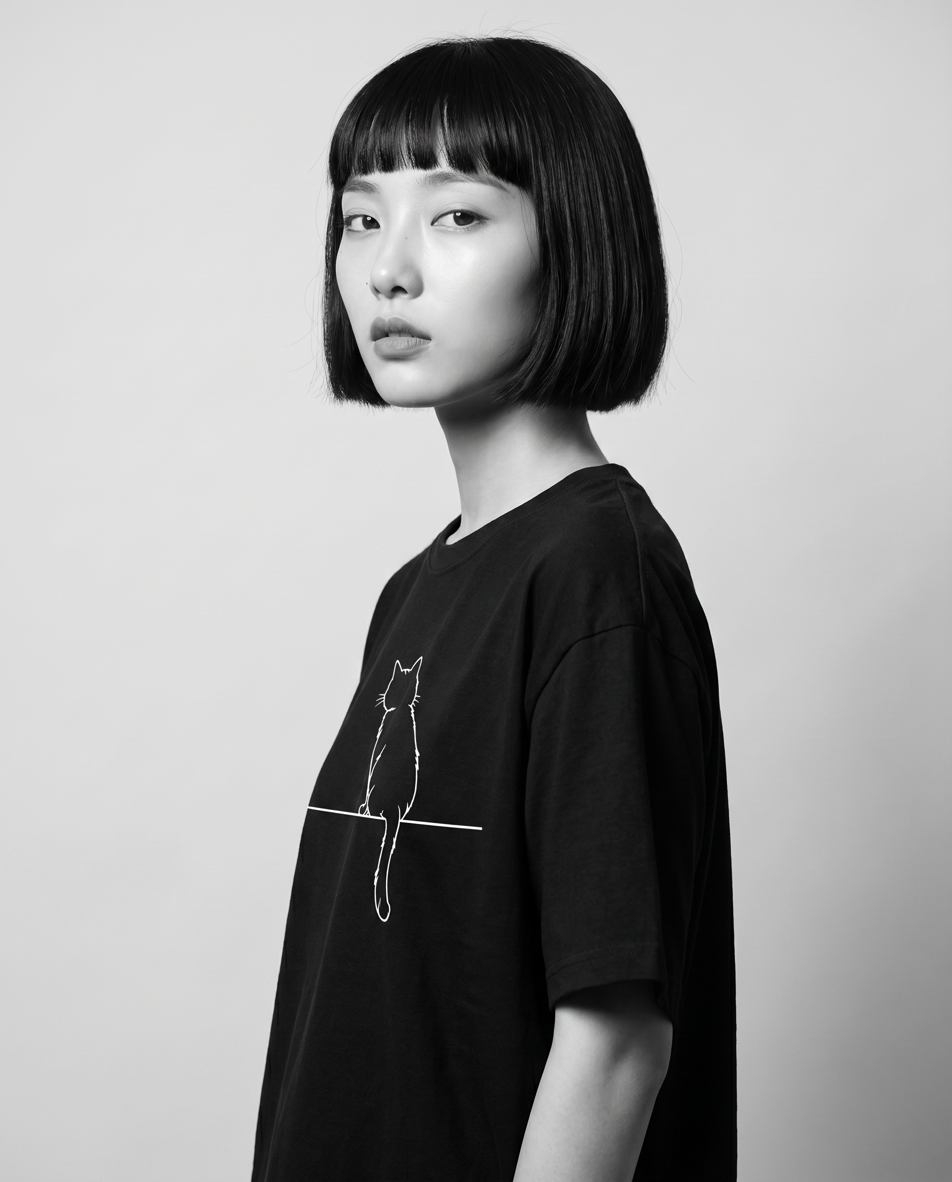 Nagi wearing the Kuroi Oversized Neko to Densen Tee — over the shoulder