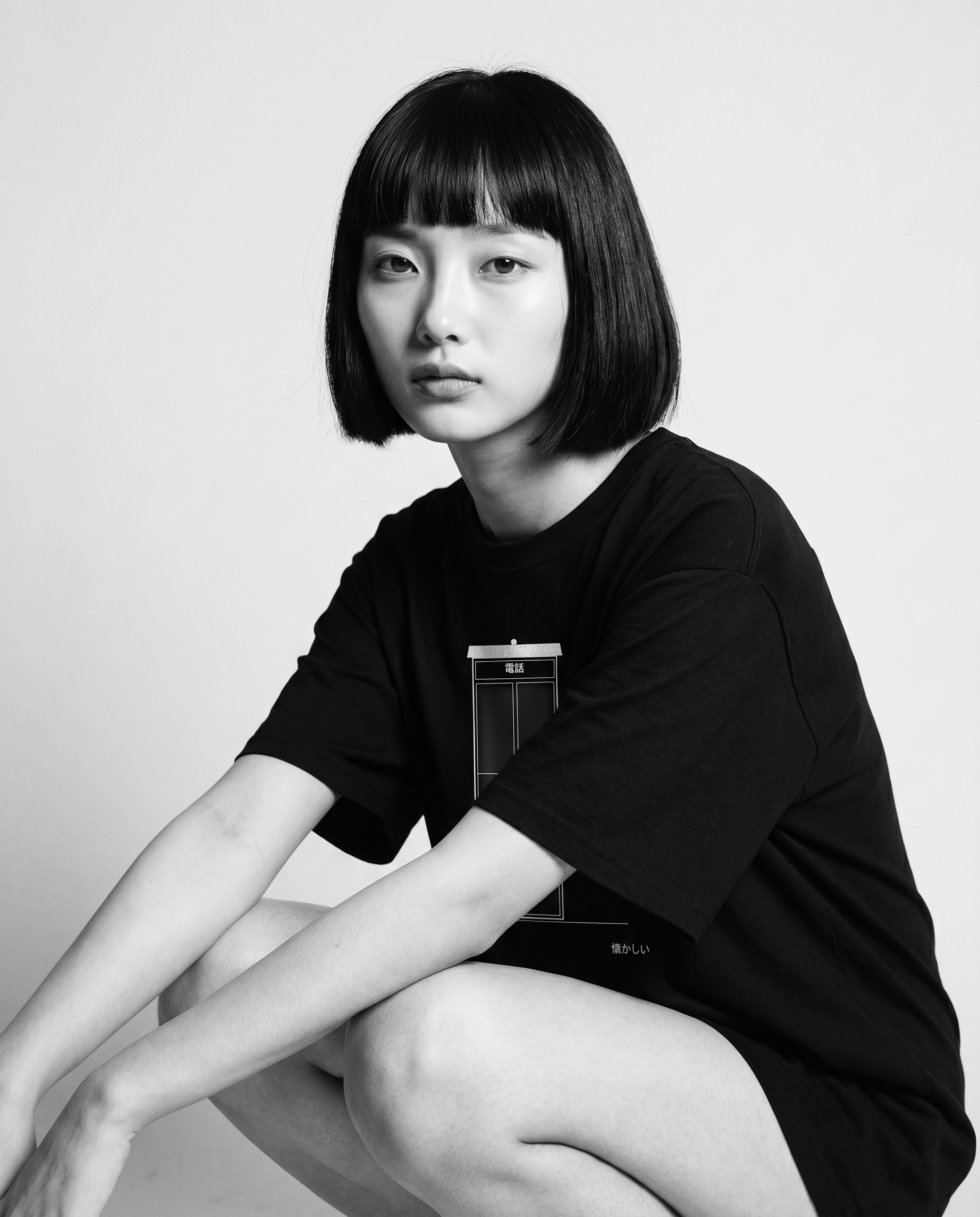 Nagi in the Kuroi Natsukashii Tee — crouching