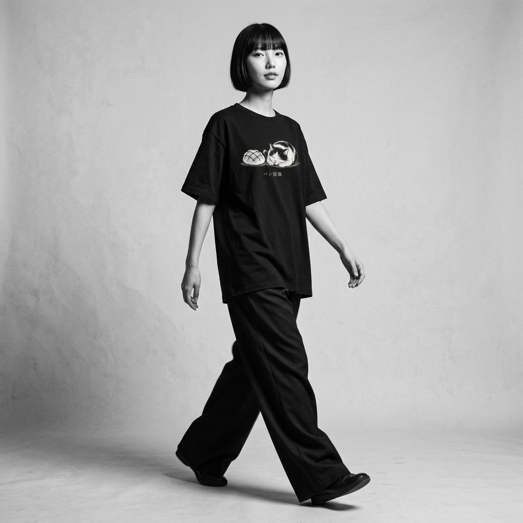 Nagi in the Kuroi Bread Nap Cat Tee — walking