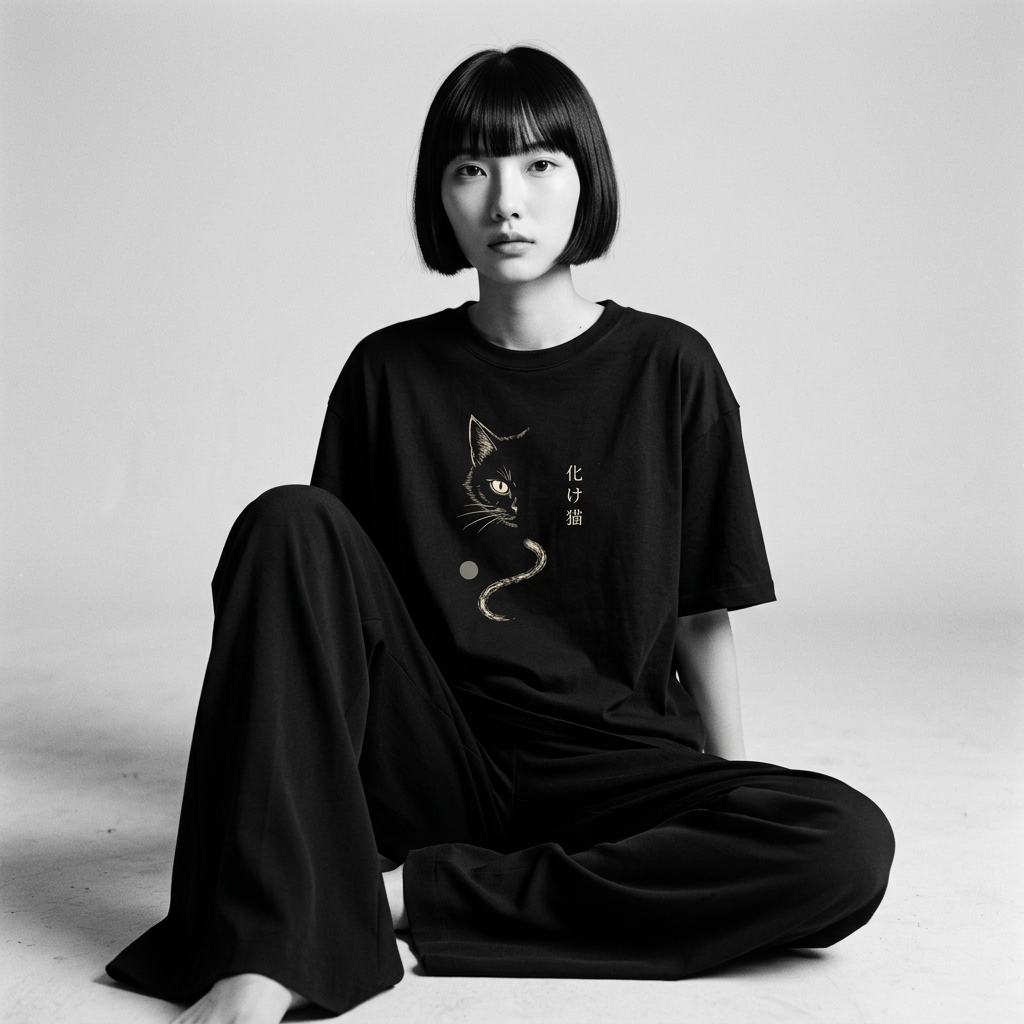 Nagi in the Kuroi Bakeneko Flame Cat Tee — seated
