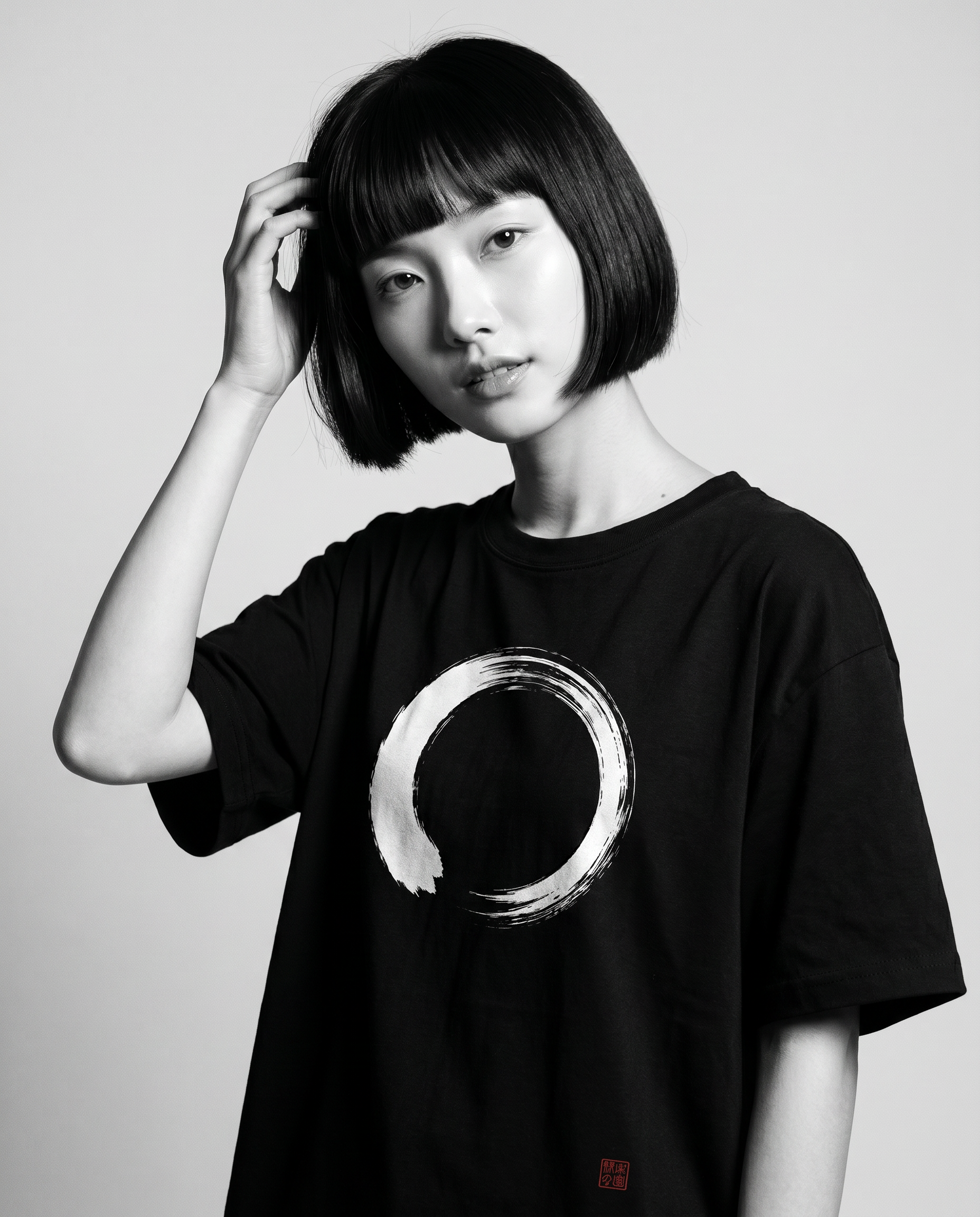 Nagi in the Kuroi Shizuka Brushstroke Tee — hand in hair