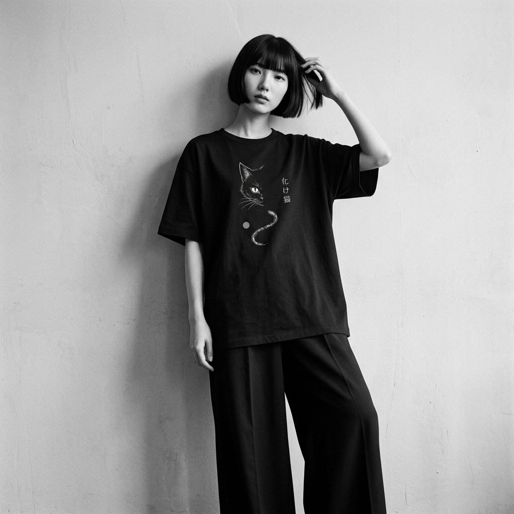 Nagi in the Kuroi Bakeneko Flame Cat Tee — leaning