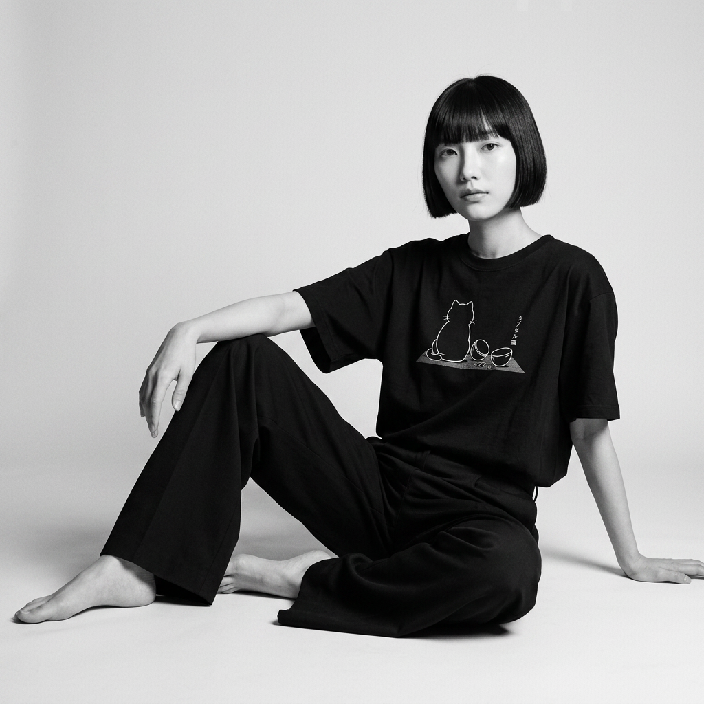 Nagi in the Kuroi Neo Capsule Cat Tee — seated