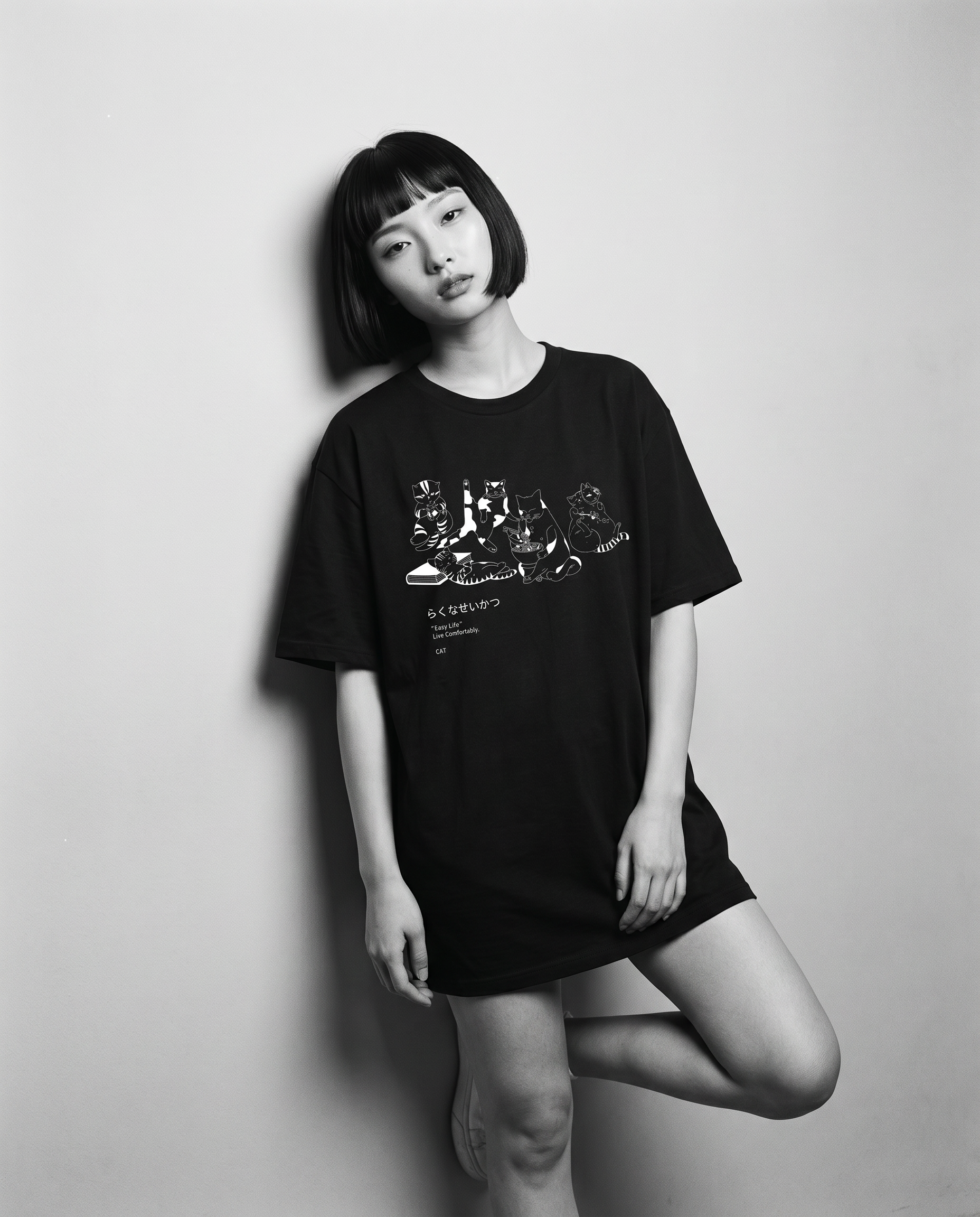 Nagi in the Kuroi Easy Life Cat Tee — leaning