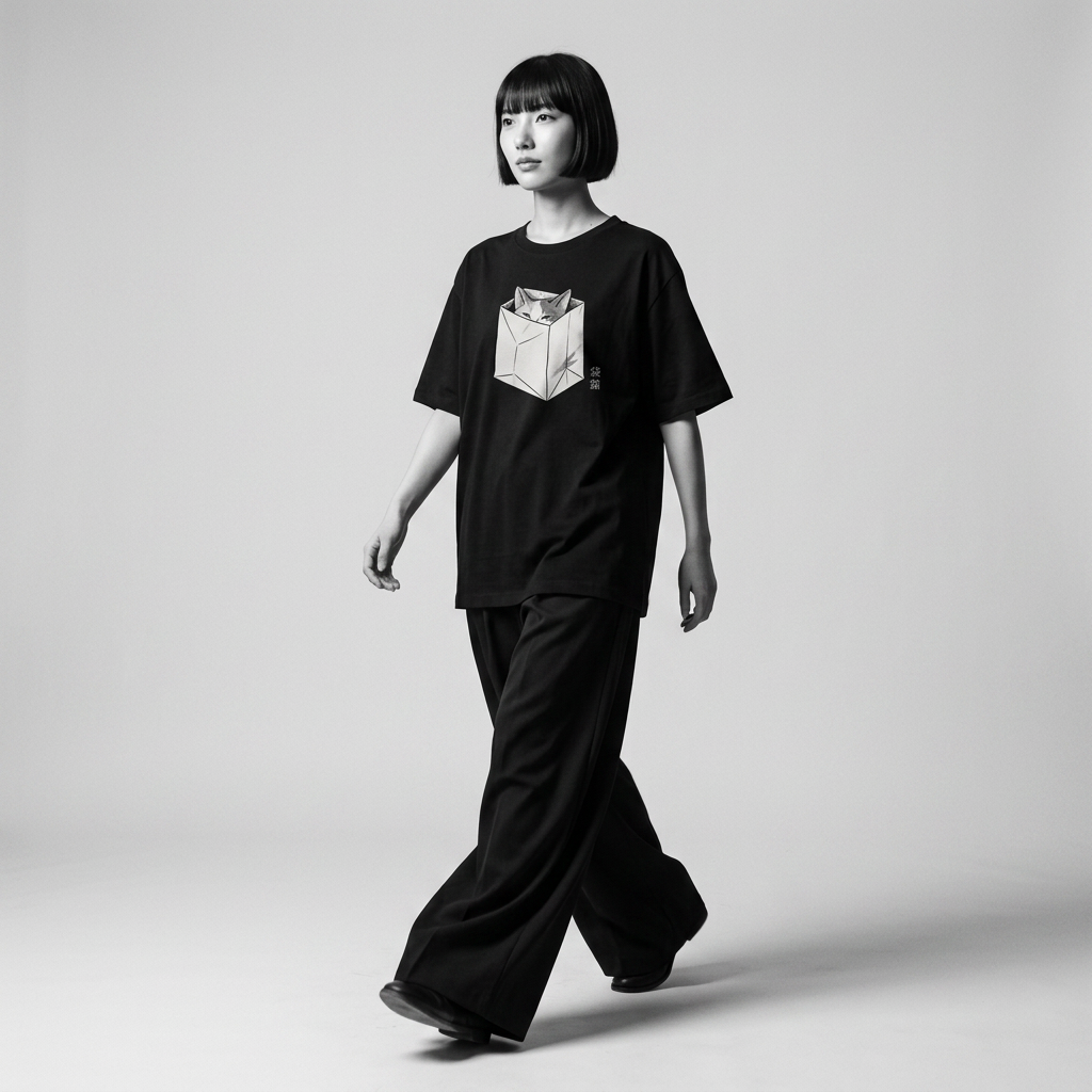 Nagi in the Kuroi Paper Cat Escape Tee — walking