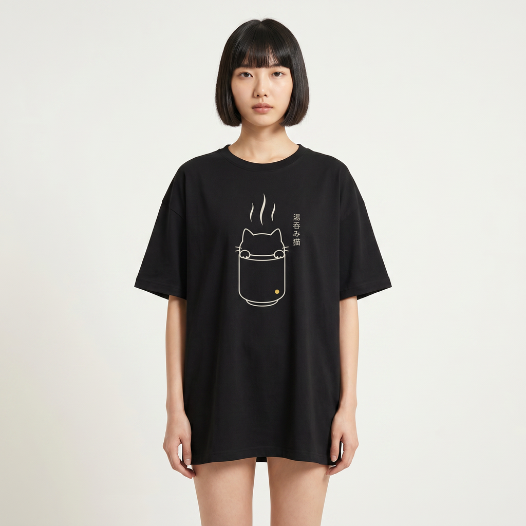 Kuroi Oversized Steamy Cat Tee worn by a model, front view