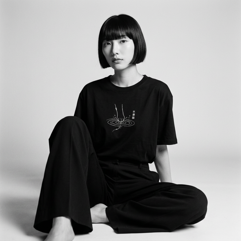 Nagi in the Kuroi Waterside Paw Cat Tee — seated