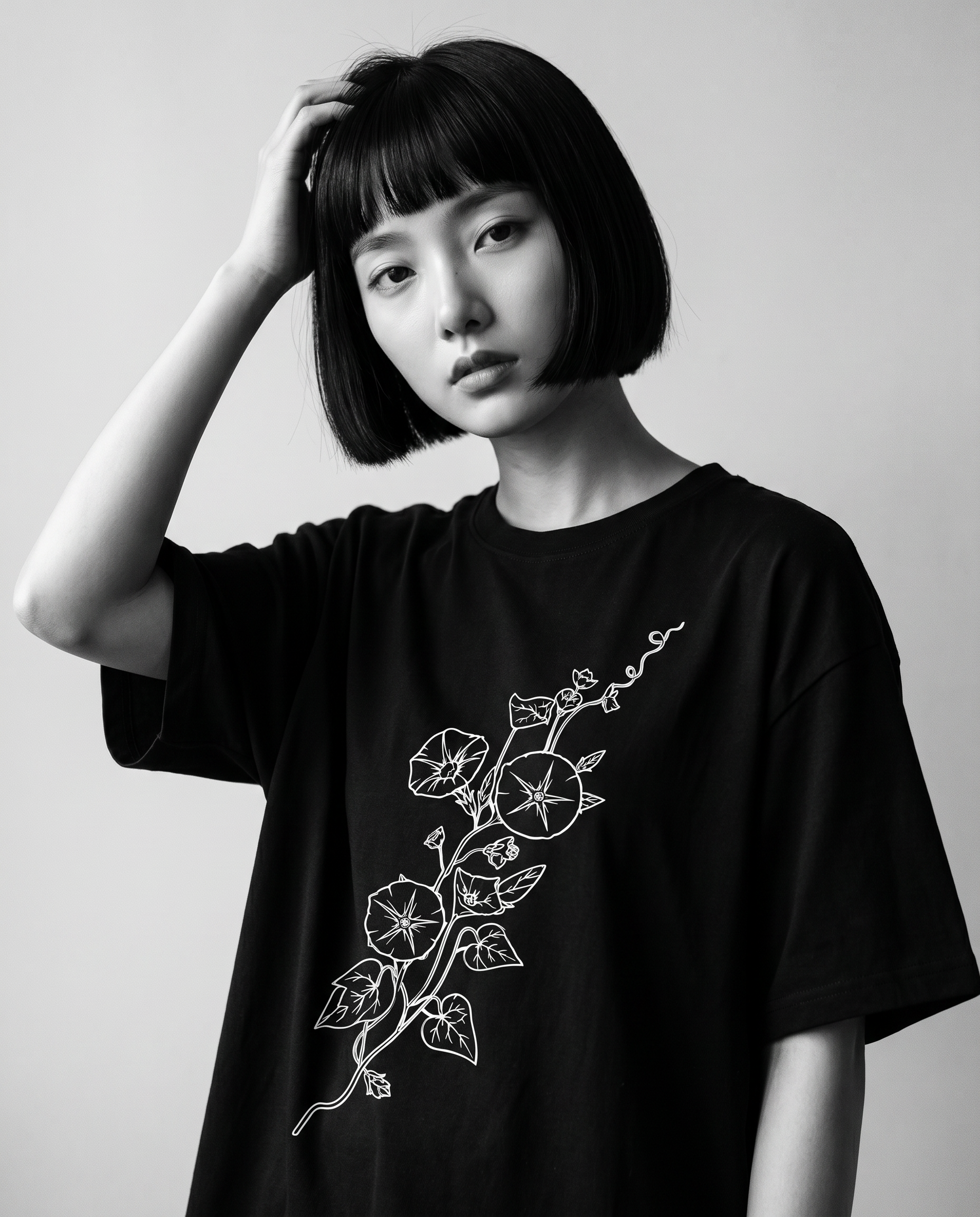 Nagi in the Kuroi Asagao Morning Glory Tee — hand in hair