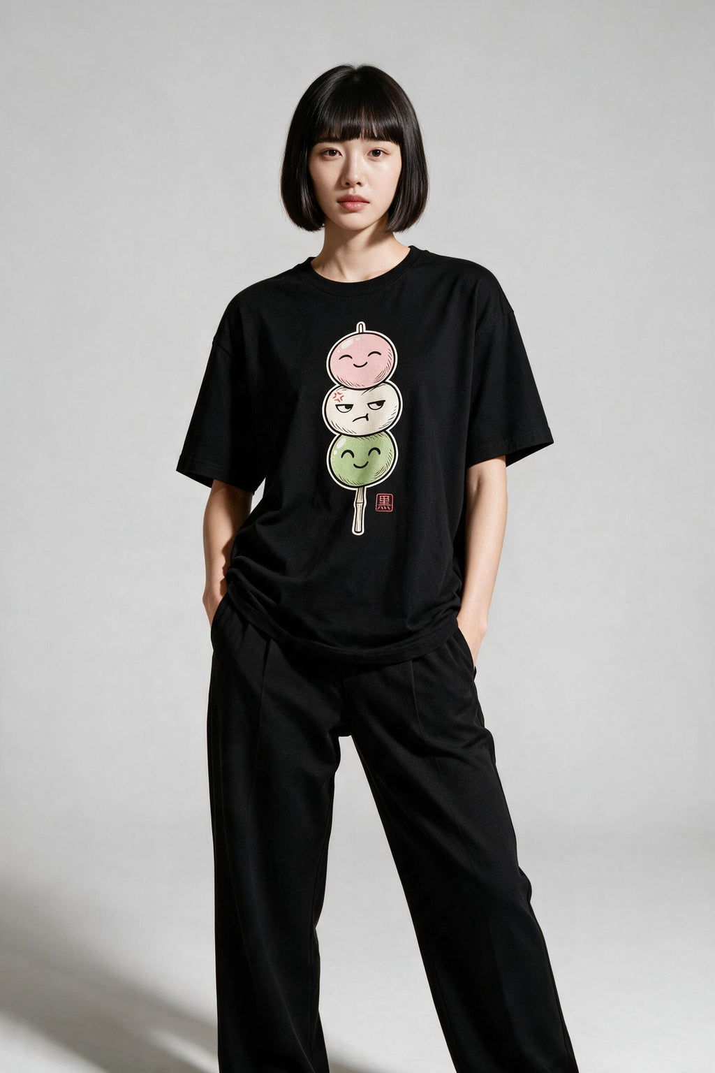 KUROI Dango oversized tee worn by model, front