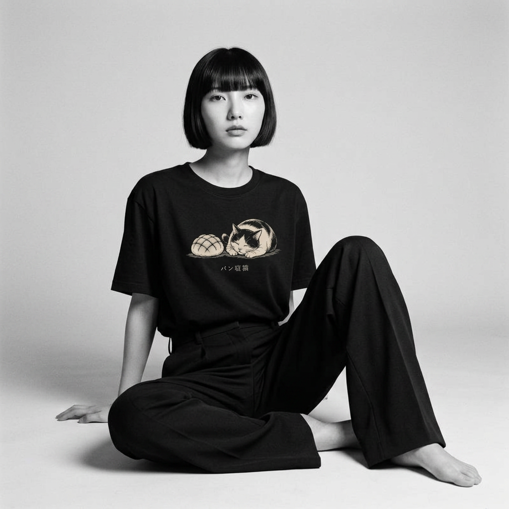 Nagi in the Kuroi Bread Nap Cat Tee — seated
