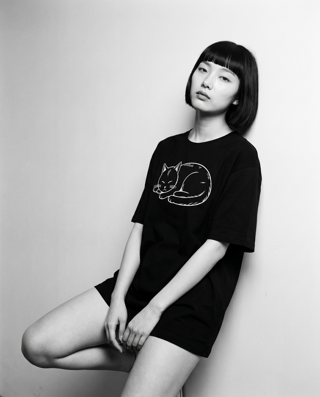 Nagi in the Kuroi Hirune Neko Tee — leaning
