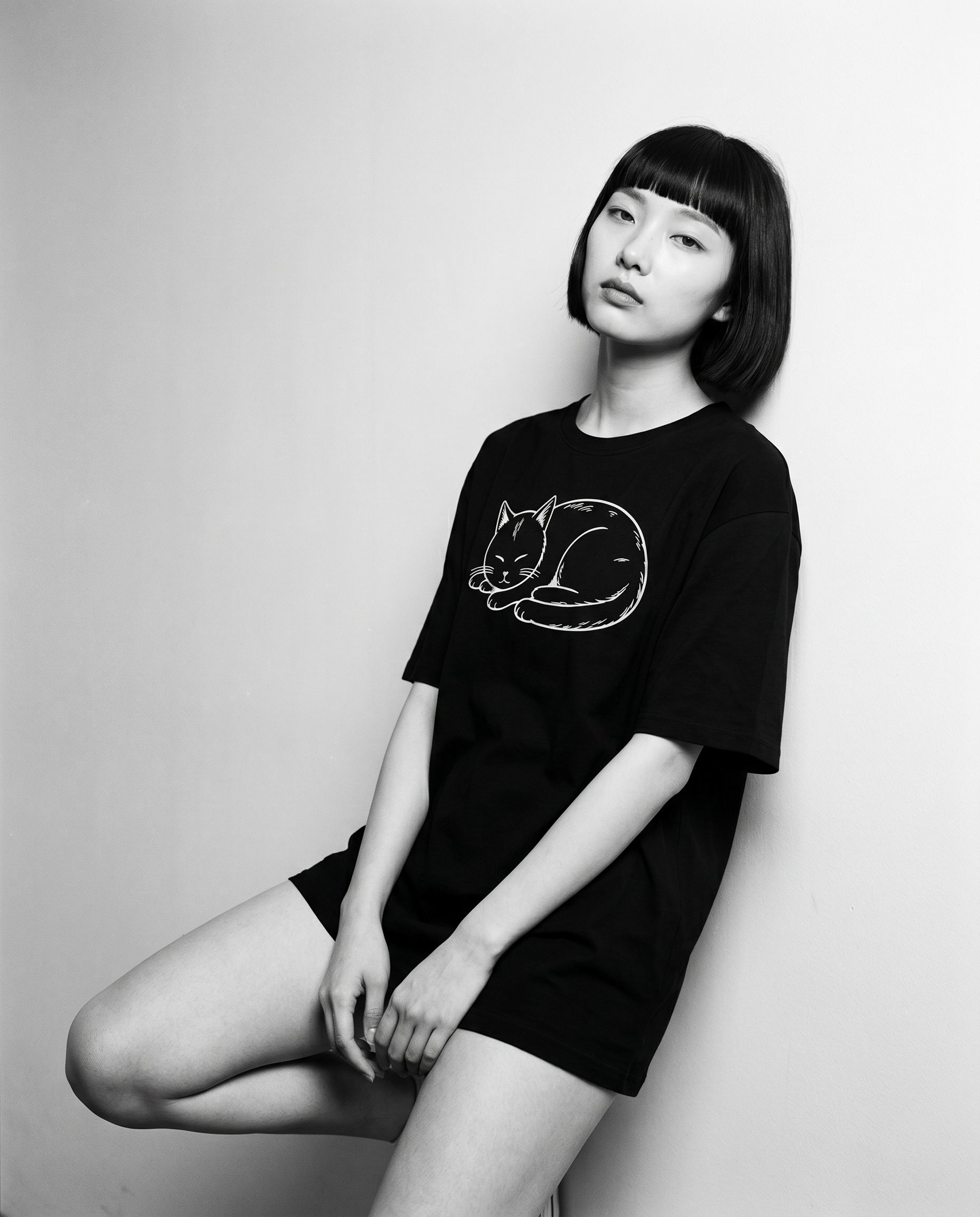 Nagi in the Kuroi Hirune Neko Tee — leaning