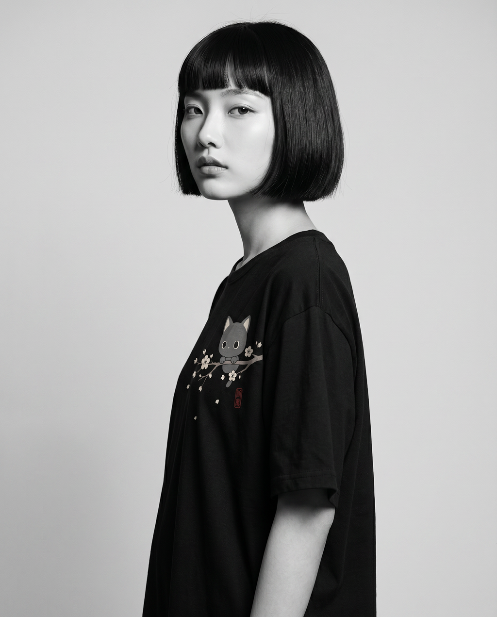 Nagi wearing the KUROI Sakura Neko Tee — over the shoulder