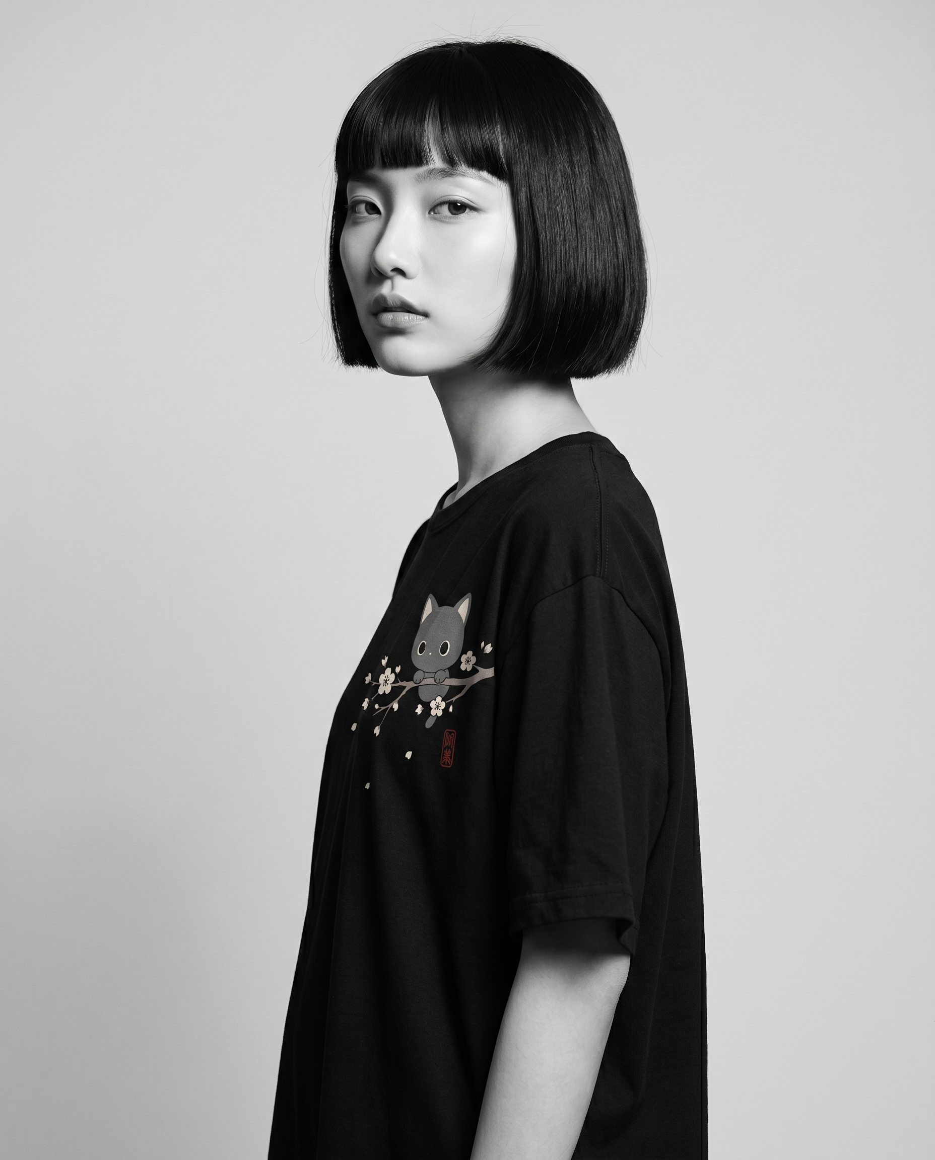 Nagi wearing the KUROI Sakura Neko Tee — over the shoulder