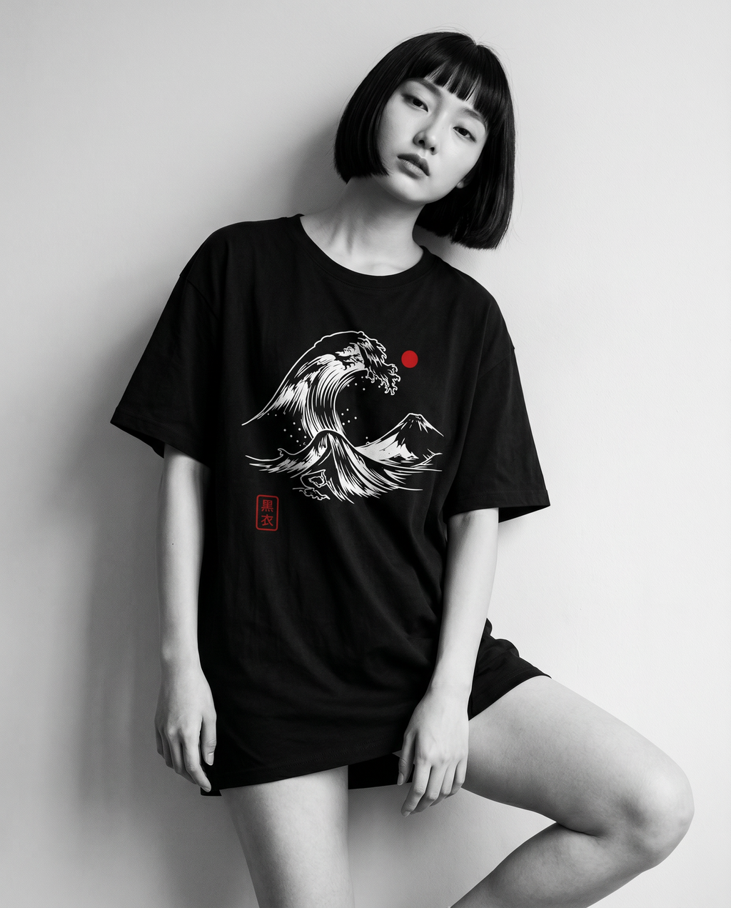 Nagi in the Kuroi Nami Wave Tee — leaning