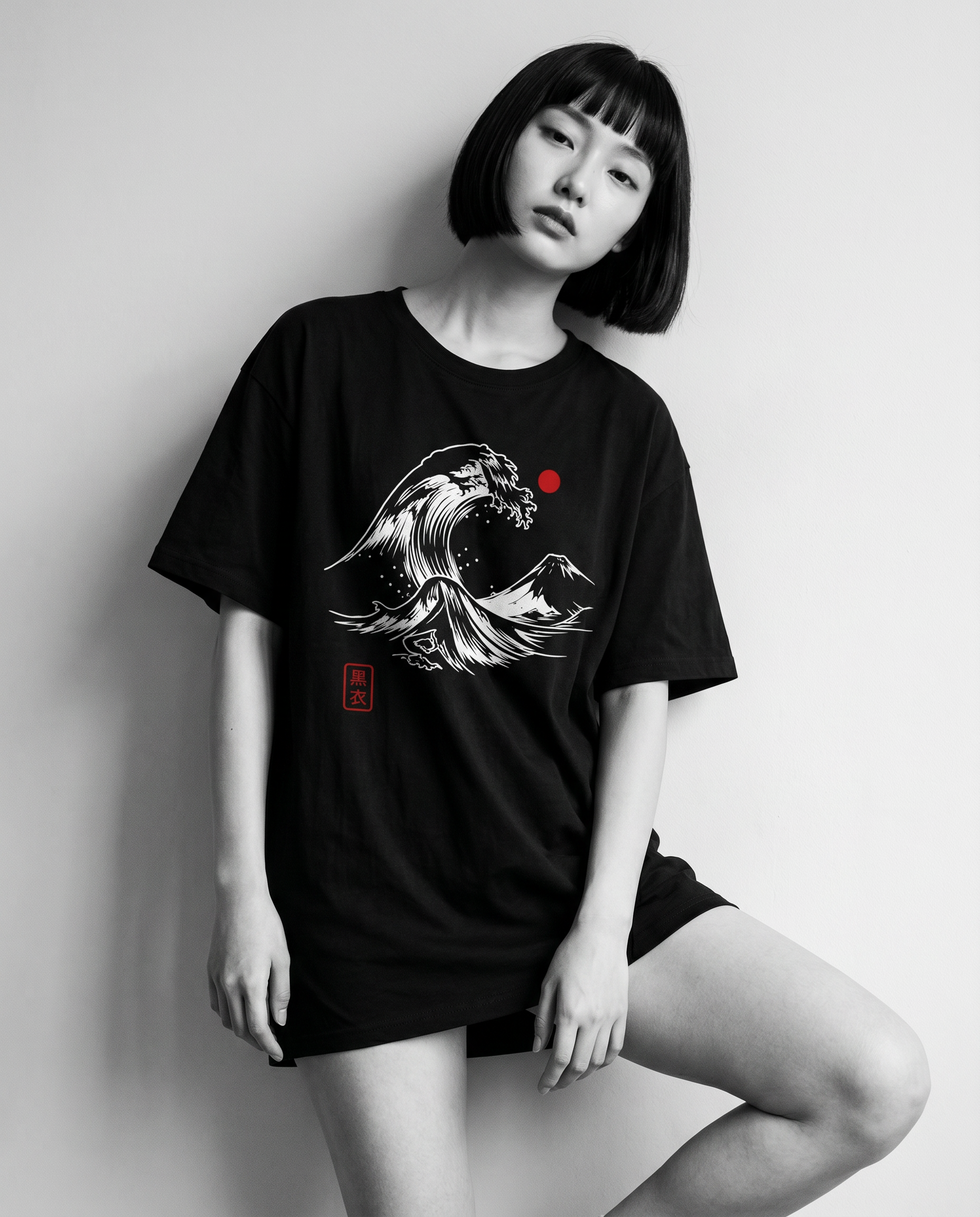 Nagi in the Kuroi Nami Wave Tee — leaning