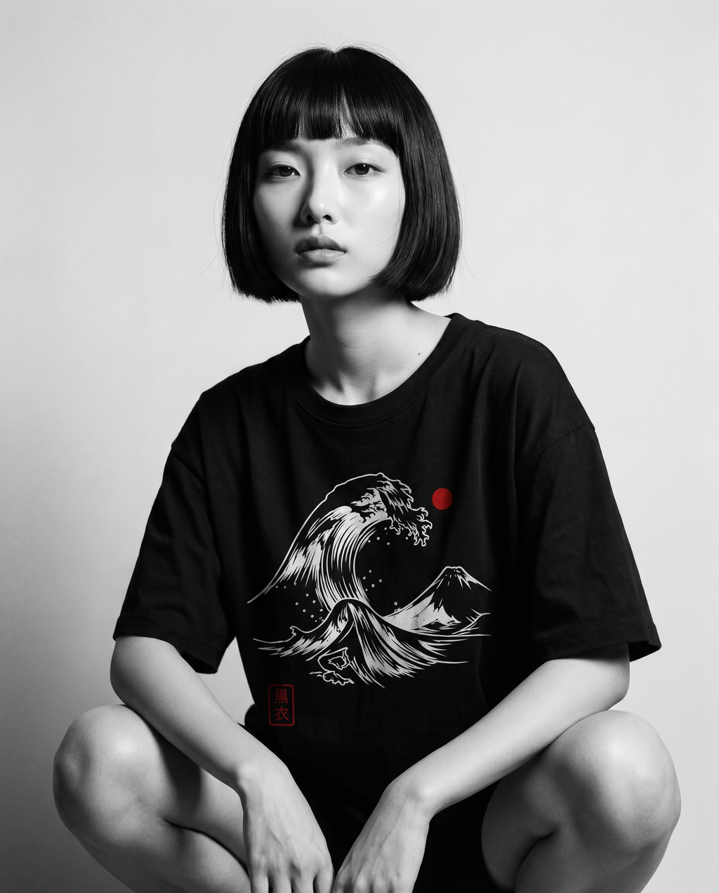 Nagi in the Kuroi Nami Wave Tee — crouching