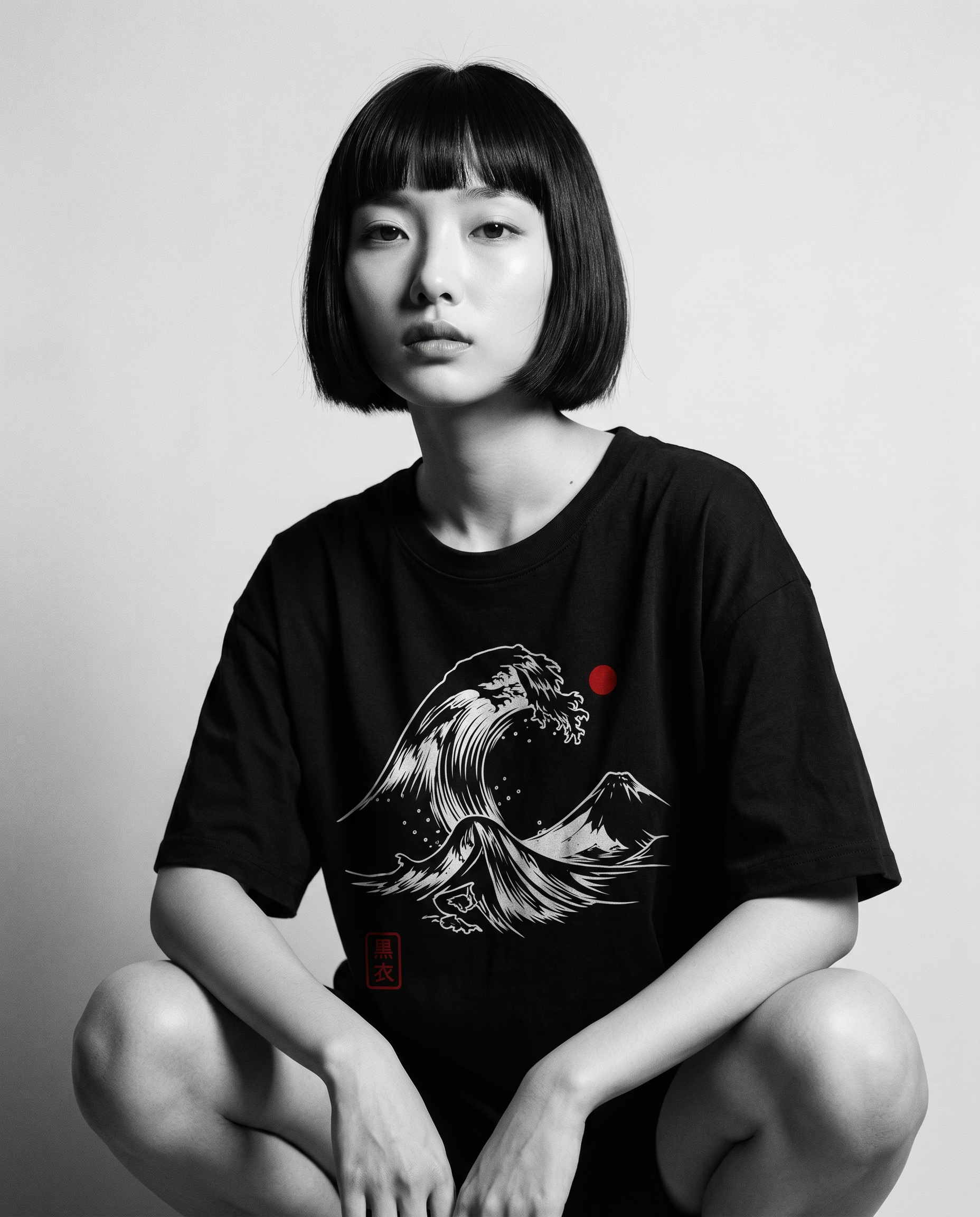 Nagi in the Kuroi Nami Wave Tee — crouching