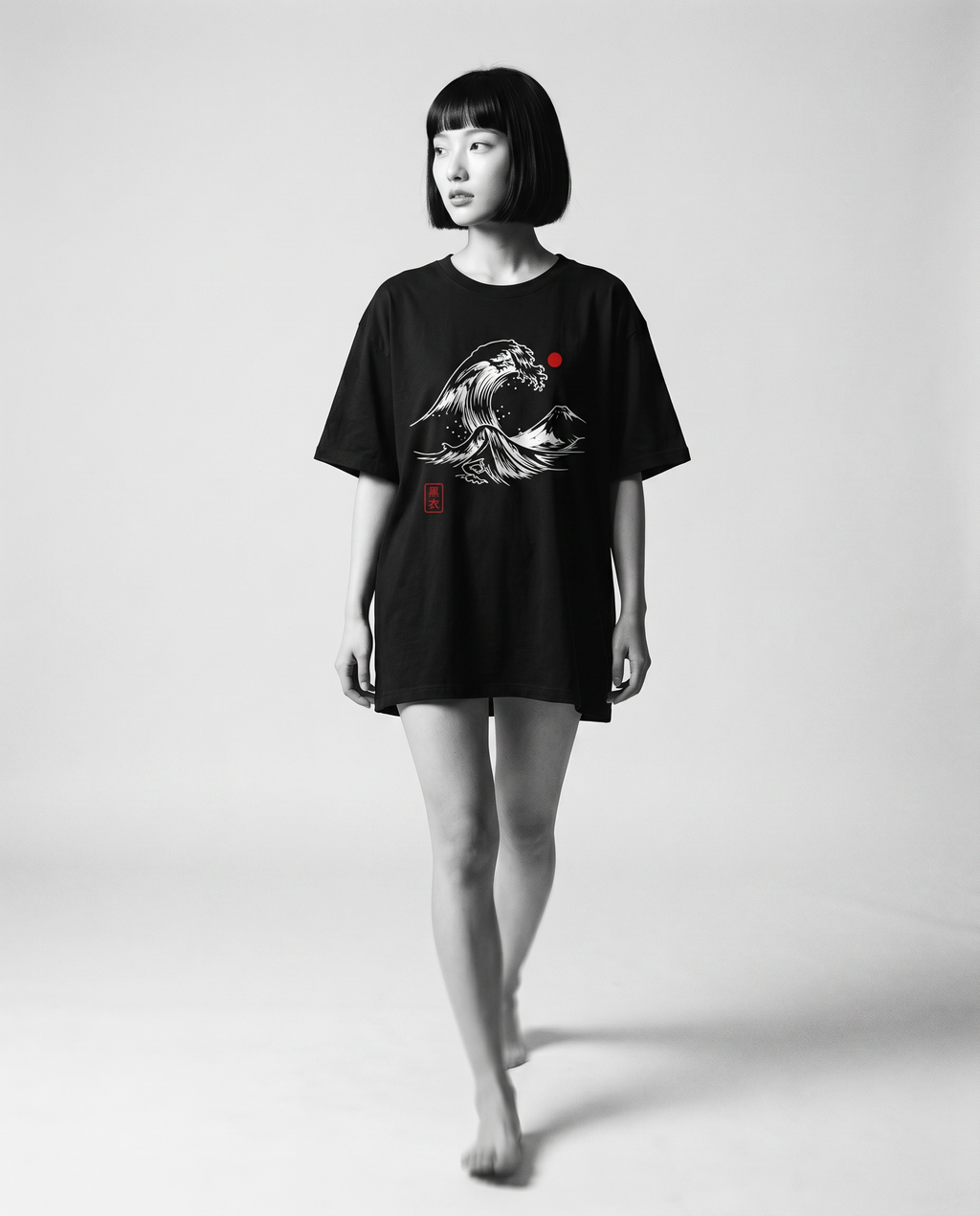 Nagi in the Kuroi Nami Wave Tee — walking