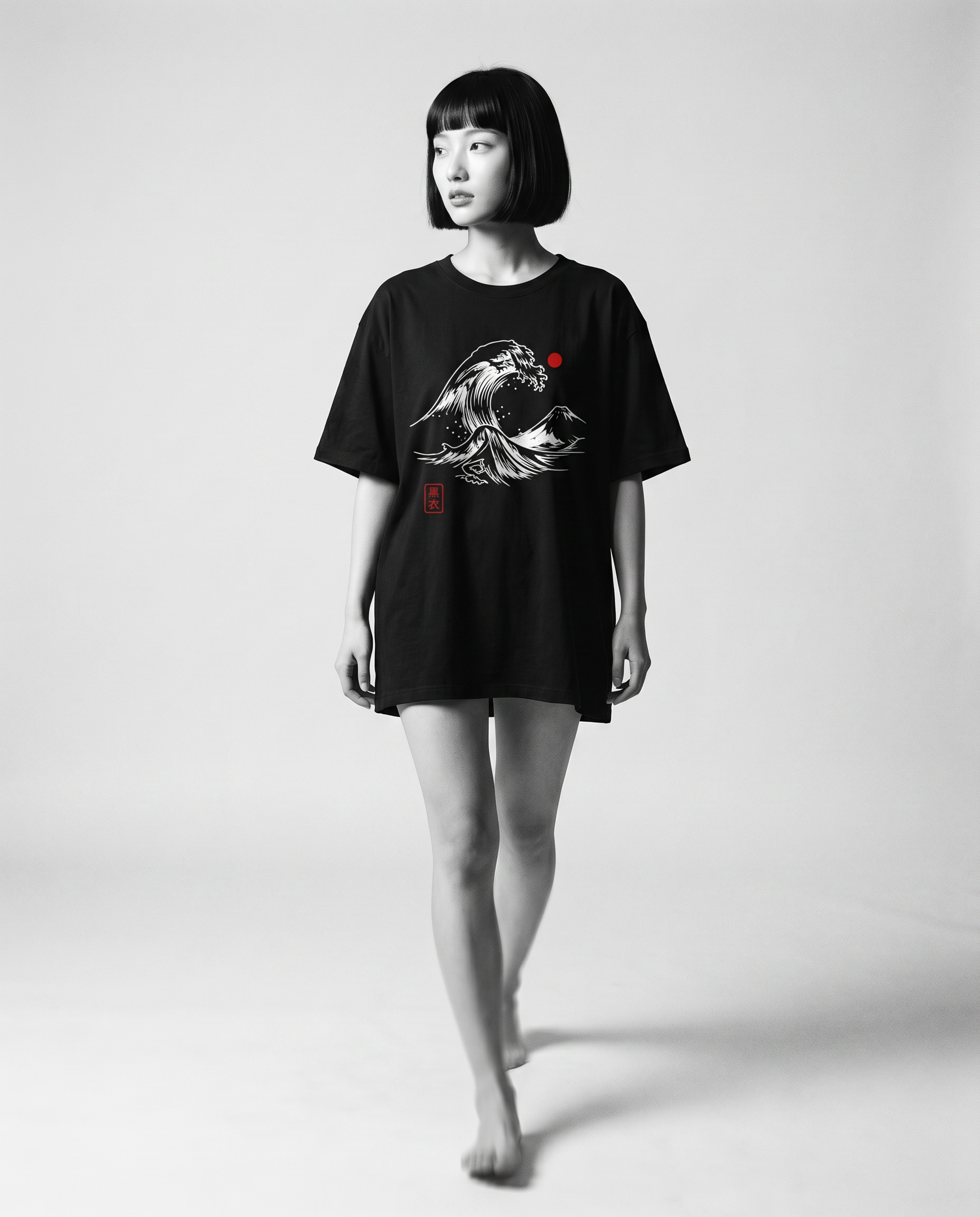 Nagi in the Kuroi Nami Wave Tee — walking