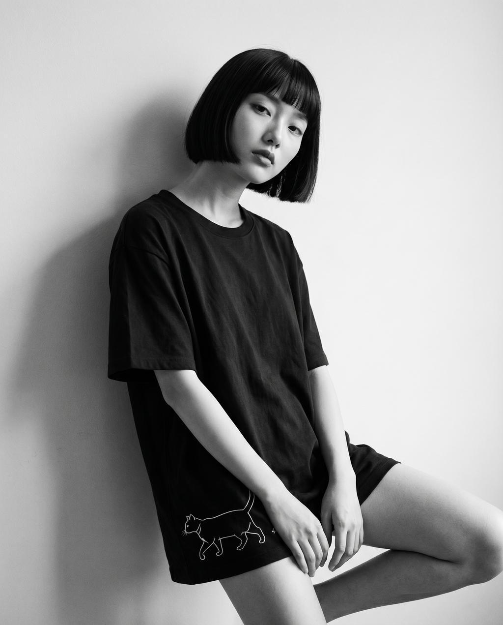 Nagi in the Kuroi Neko no Sanpo Tee — leaning
