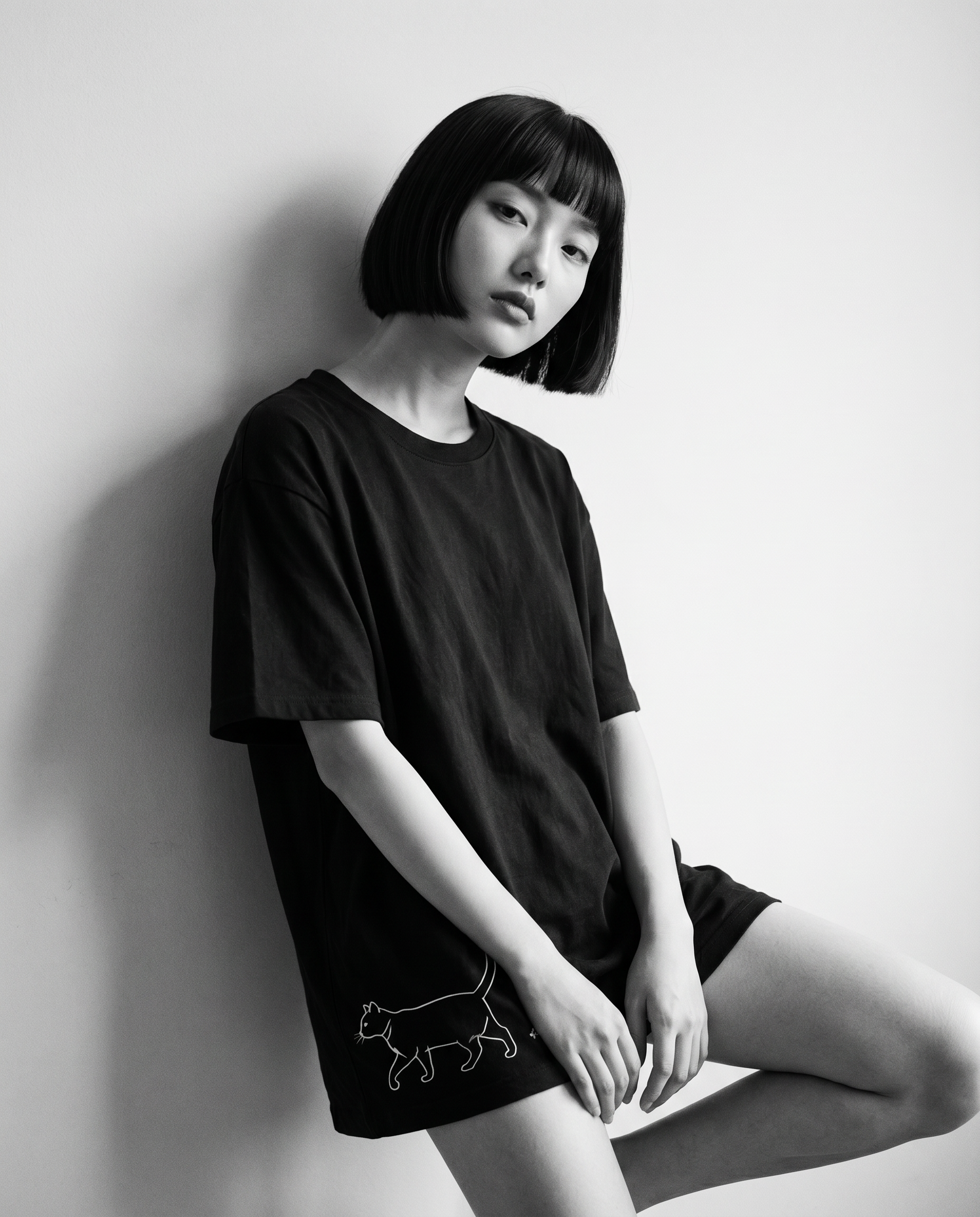 Nagi in the Kuroi Neko no Sanpo Tee — leaning