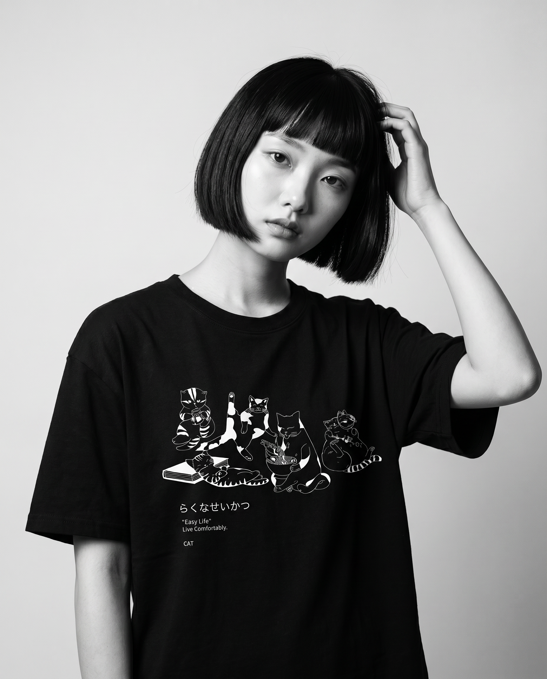 Nagi in the Kuroi Easy Life Cat Tee — hand in hair