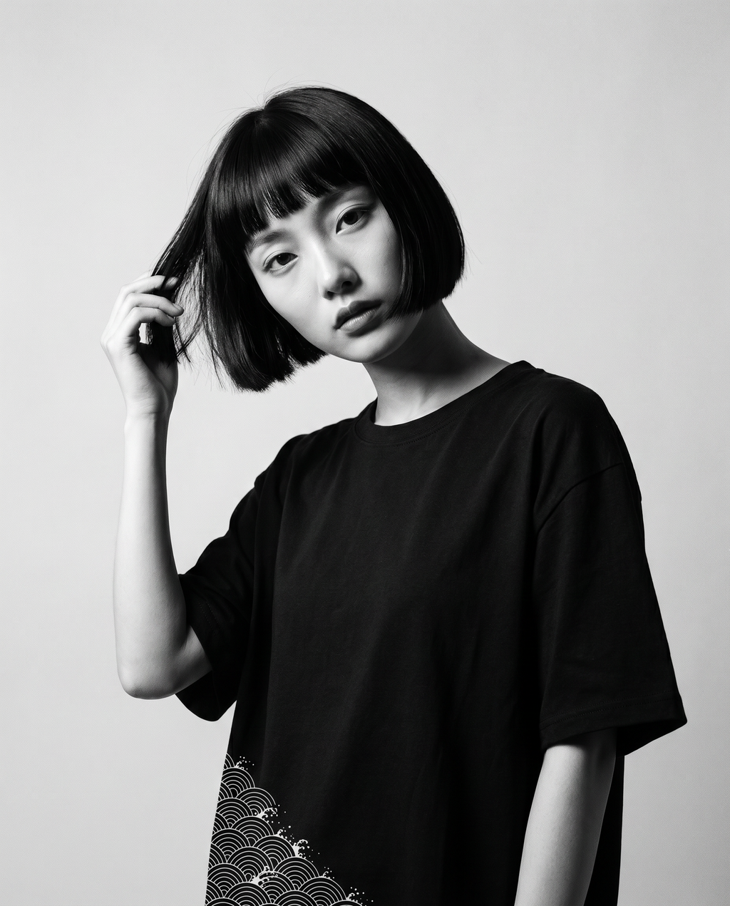 Nagi in the Kuroi Seigaiha Wave Tee — hand in hair