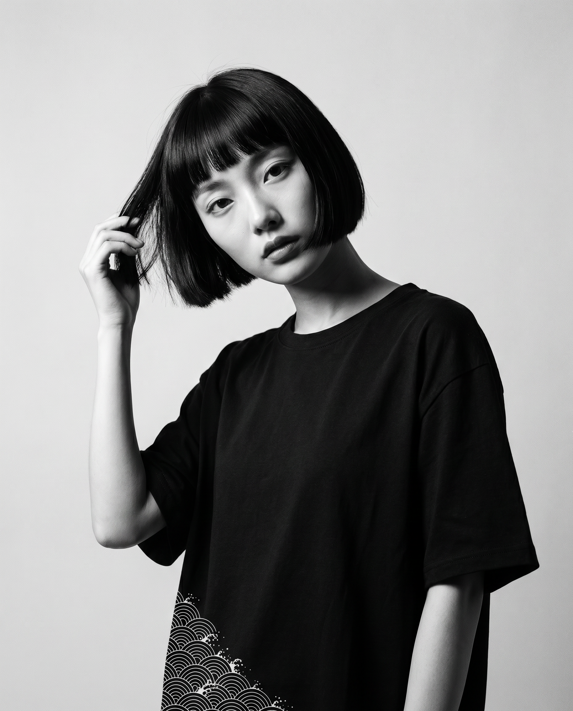 Nagi in the Kuroi Seigaiha Wave Tee — hand in hair