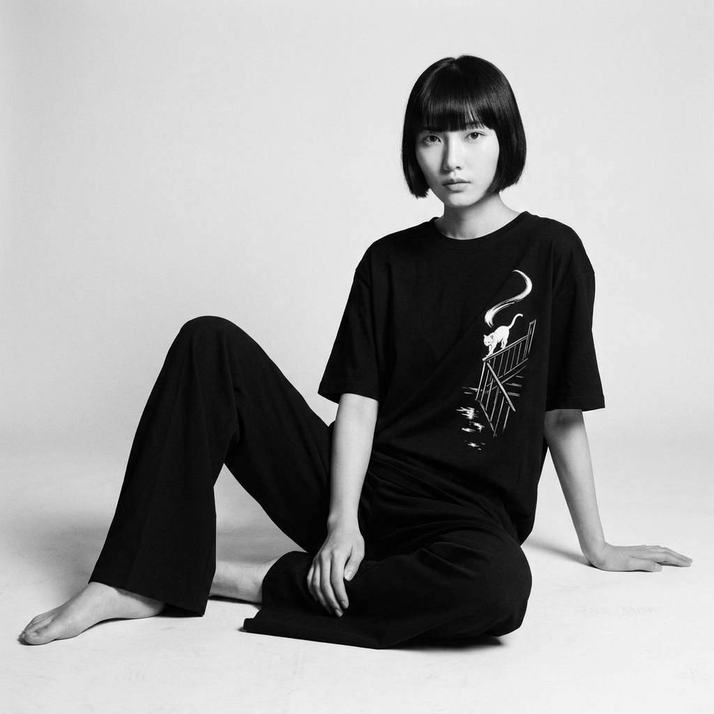 Nagi in the Kuroi Staircase Cat Tee — seated