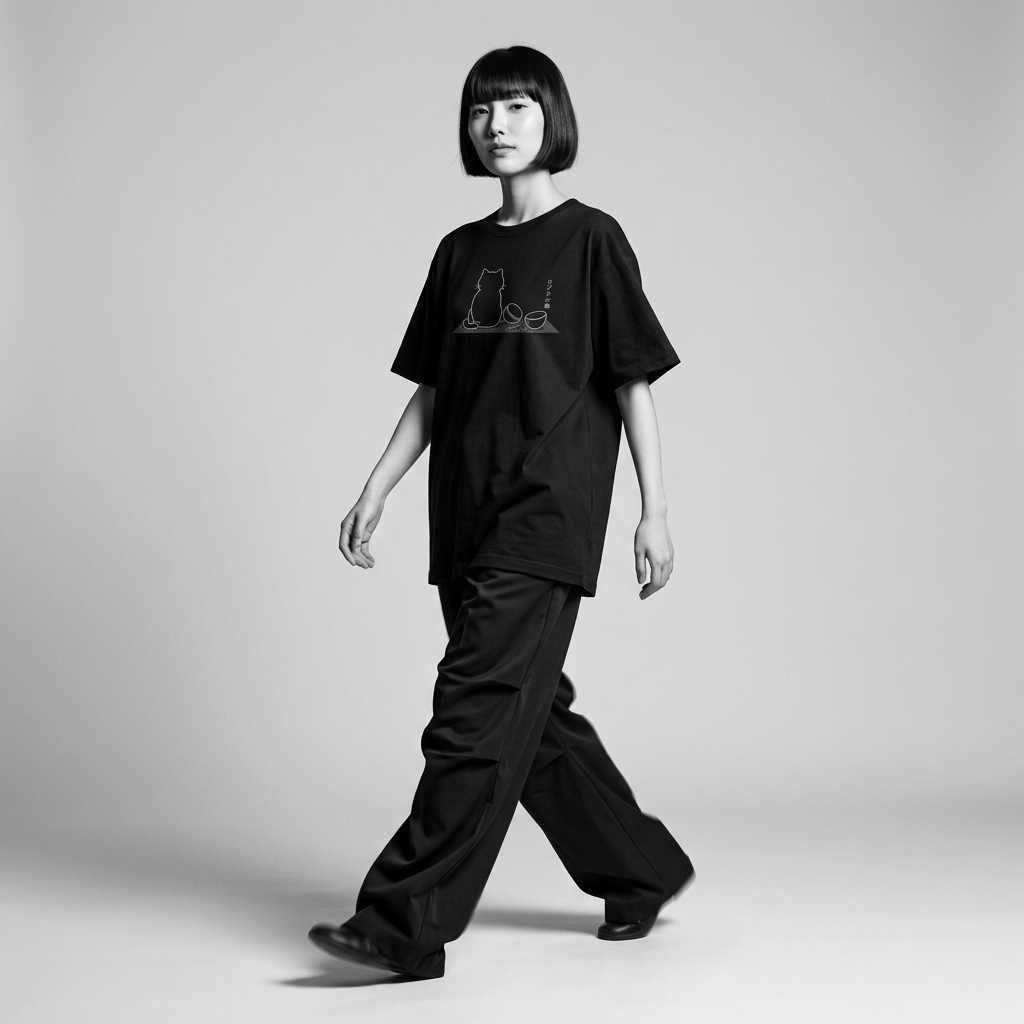 Nagi in the Kuroi Neo Capsule Cat Tee — walking