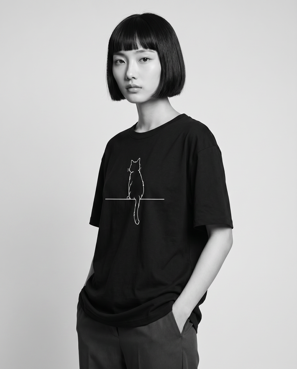 Nagi wearing the Kuroi Oversized Neko to Densen Tee — hands in pockets