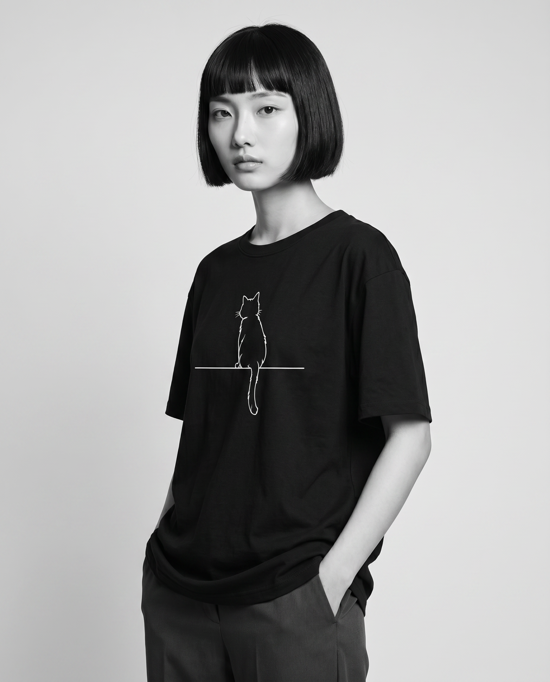 Nagi wearing the Kuroi Oversized Neko to Densen Tee — hands in pockets