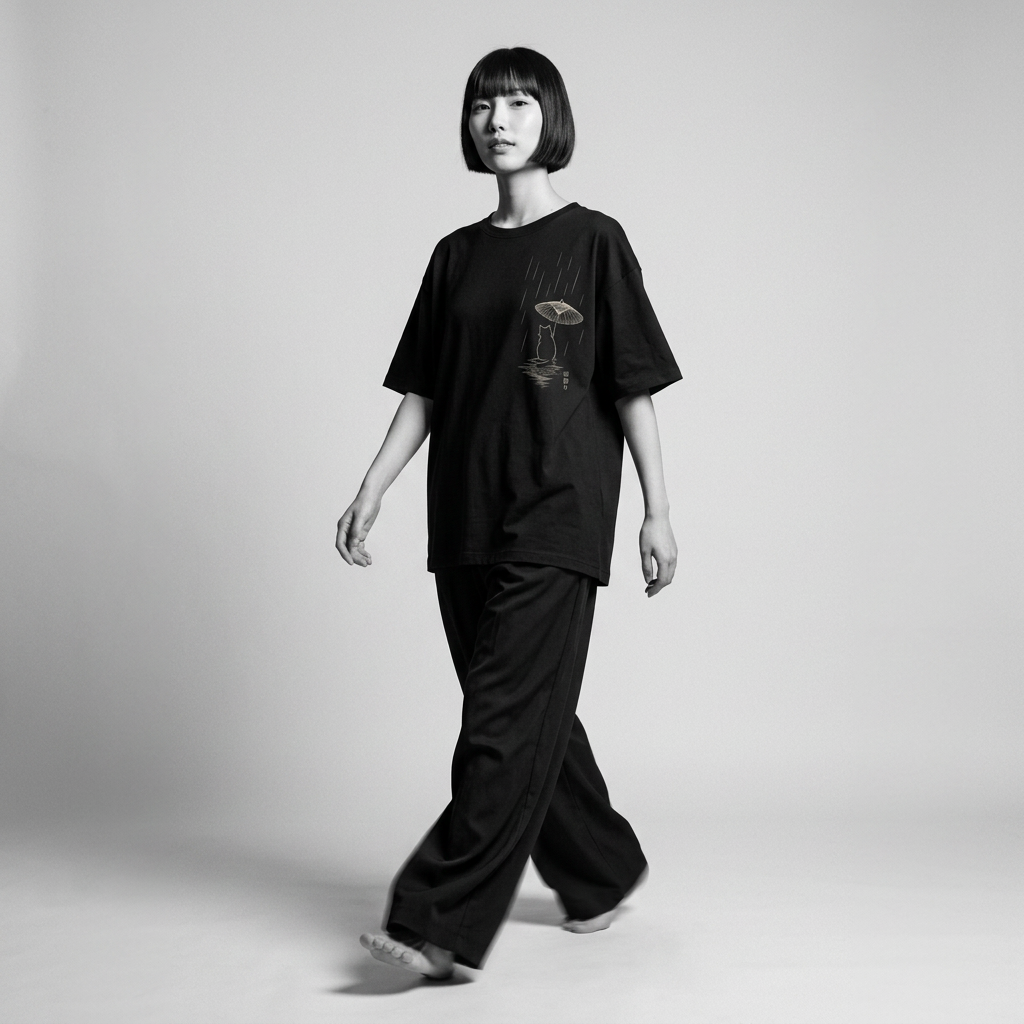 Nagi in the Kuroi Rain Shelter Cat Tee — walking