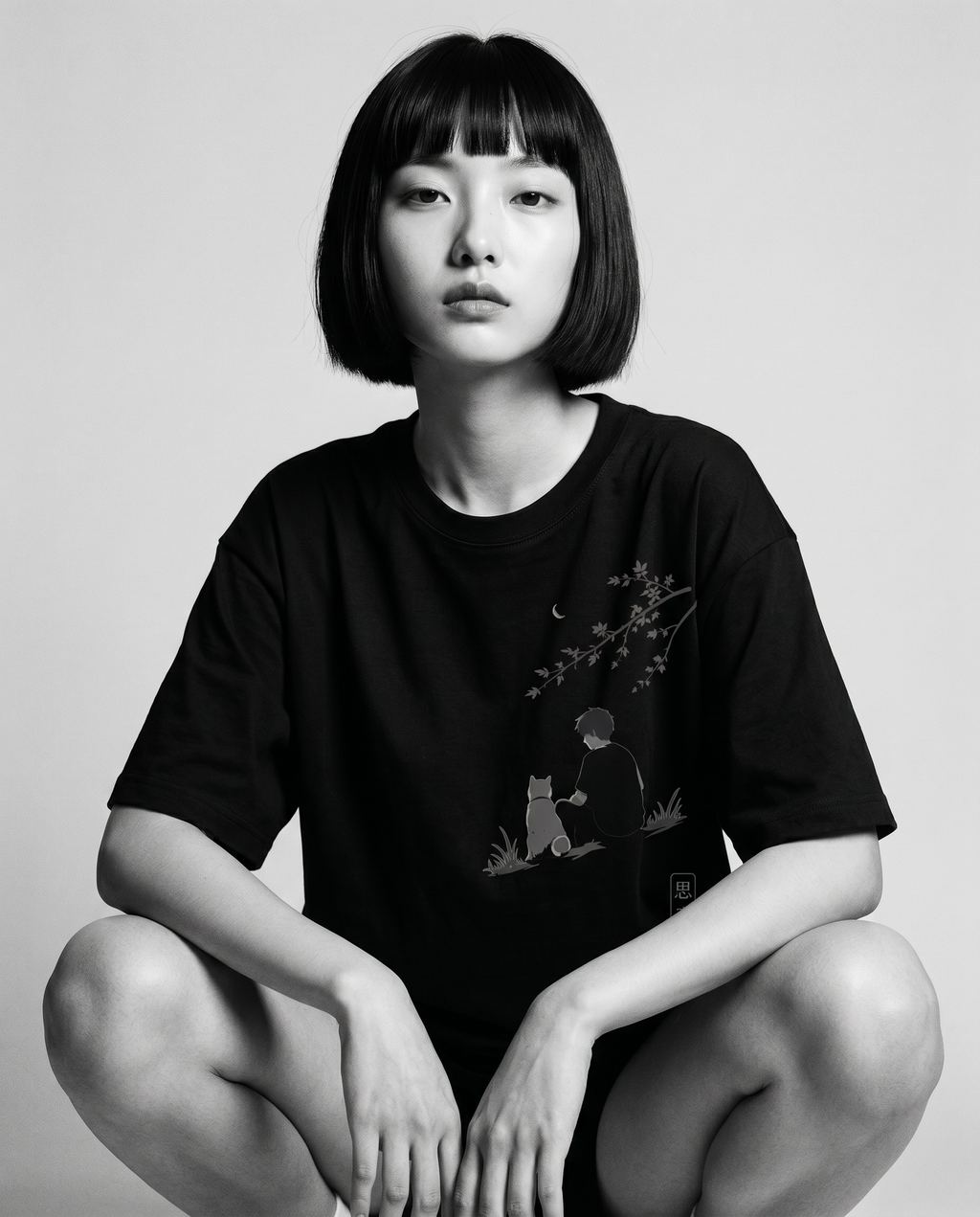 Nagi in the KUROI Shisaku Tee — crouching