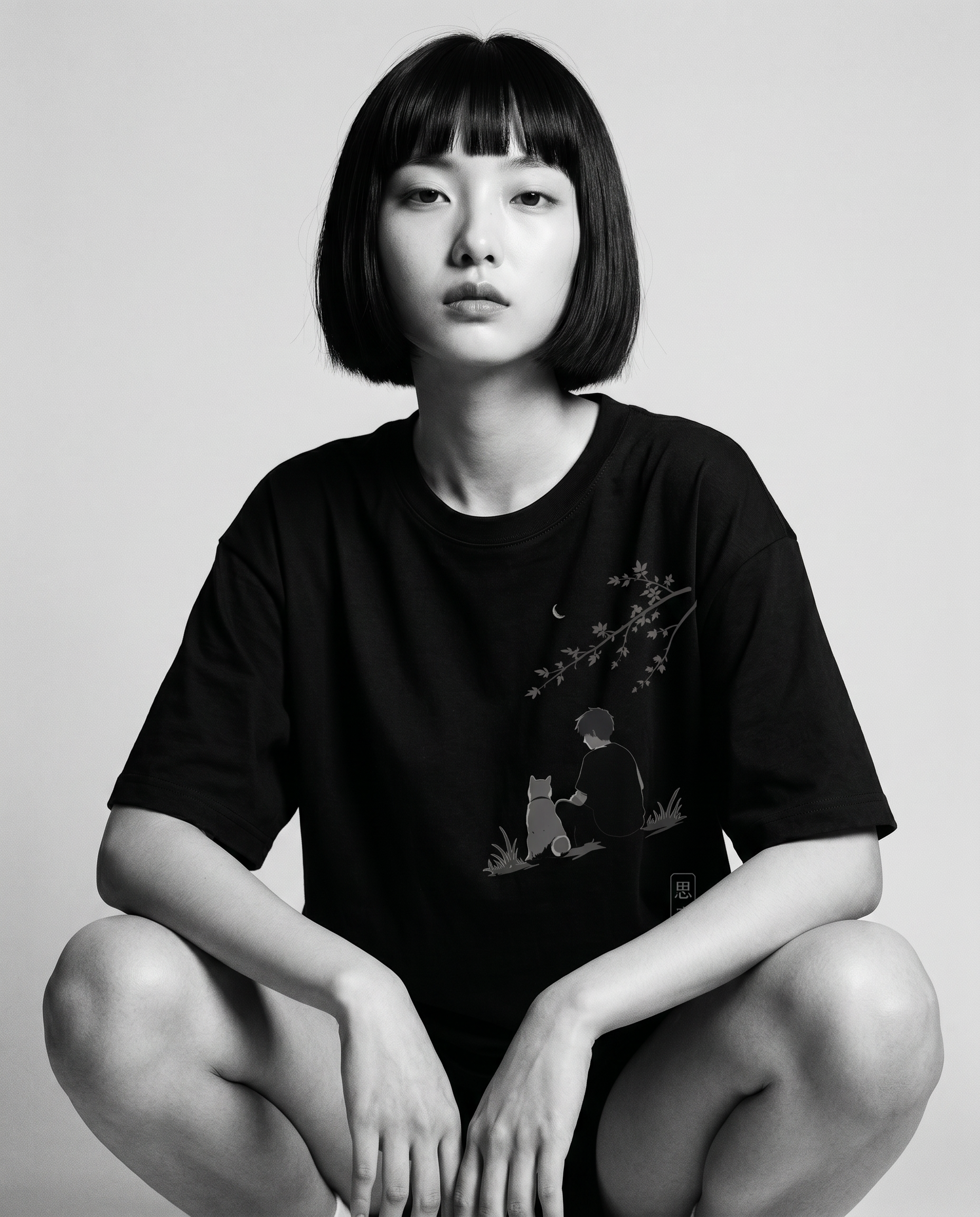Nagi in the KUROI Shisaku Tee — crouching