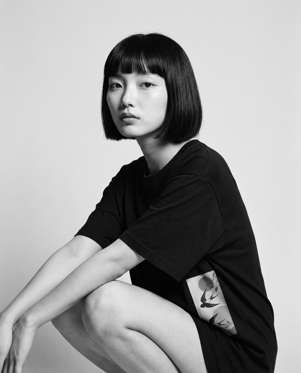 Nagi in the Kuroi Tsubame no Niwa Tee — crouching