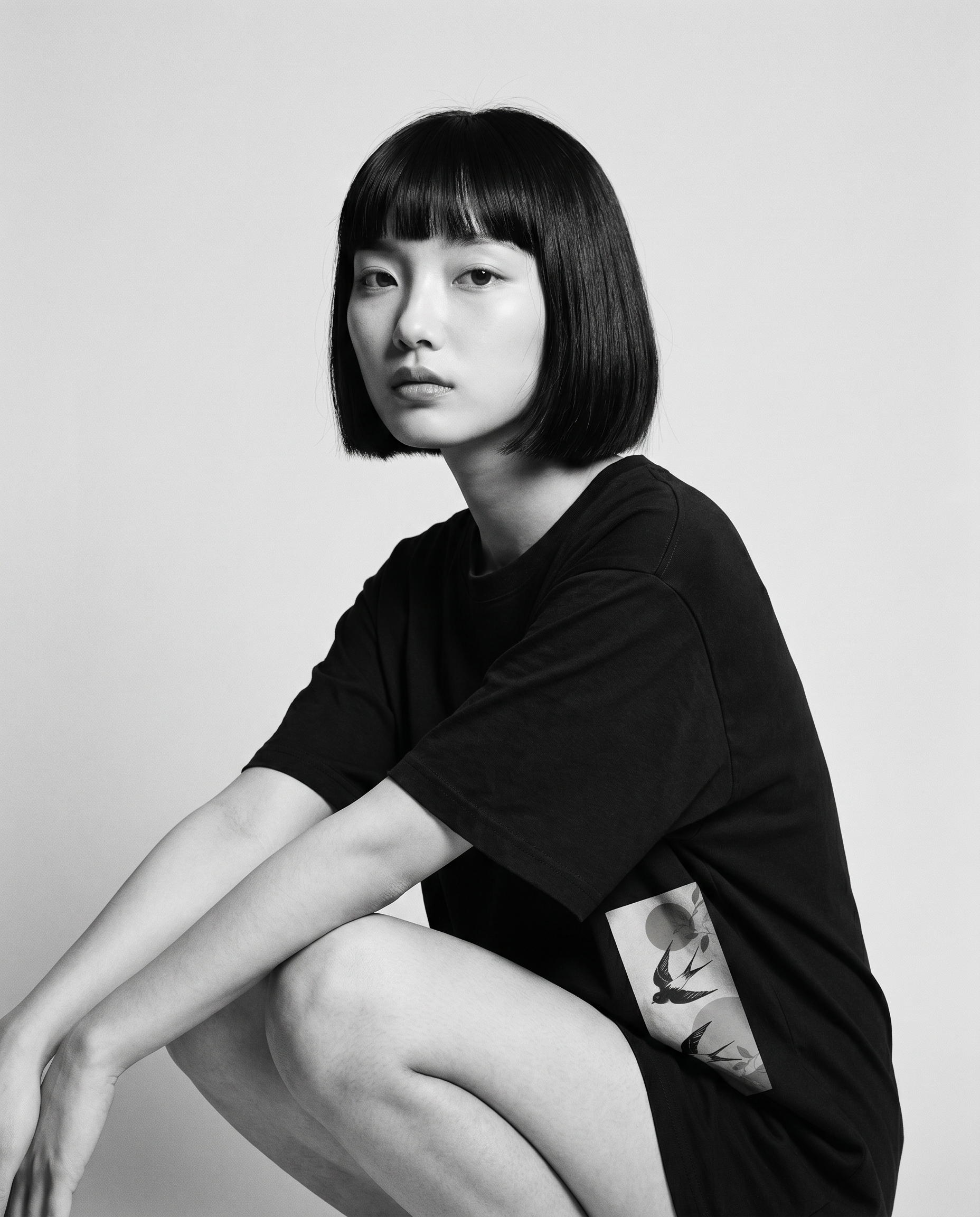 Nagi in the Kuroi Tsubame no Niwa Tee — crouching