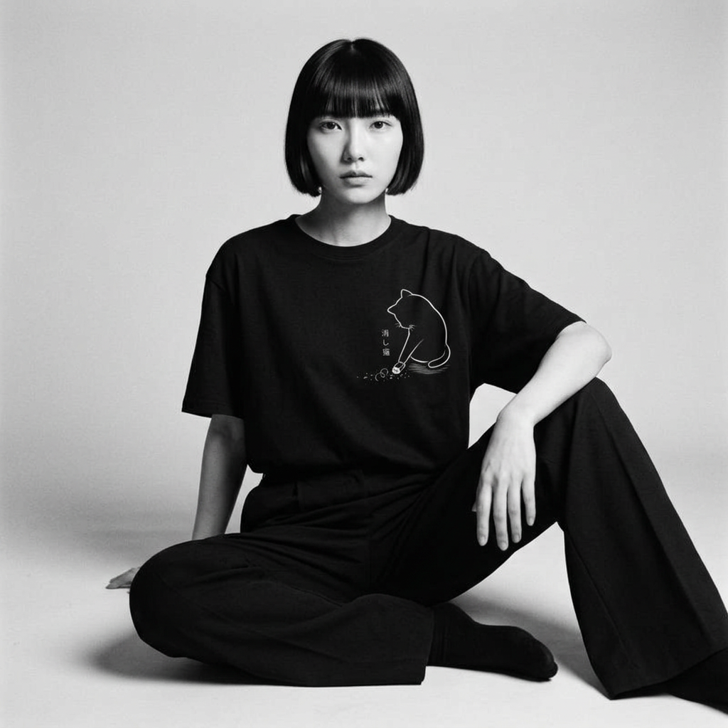 Nagi in the Kuroi Eraser Cat Tee — seated