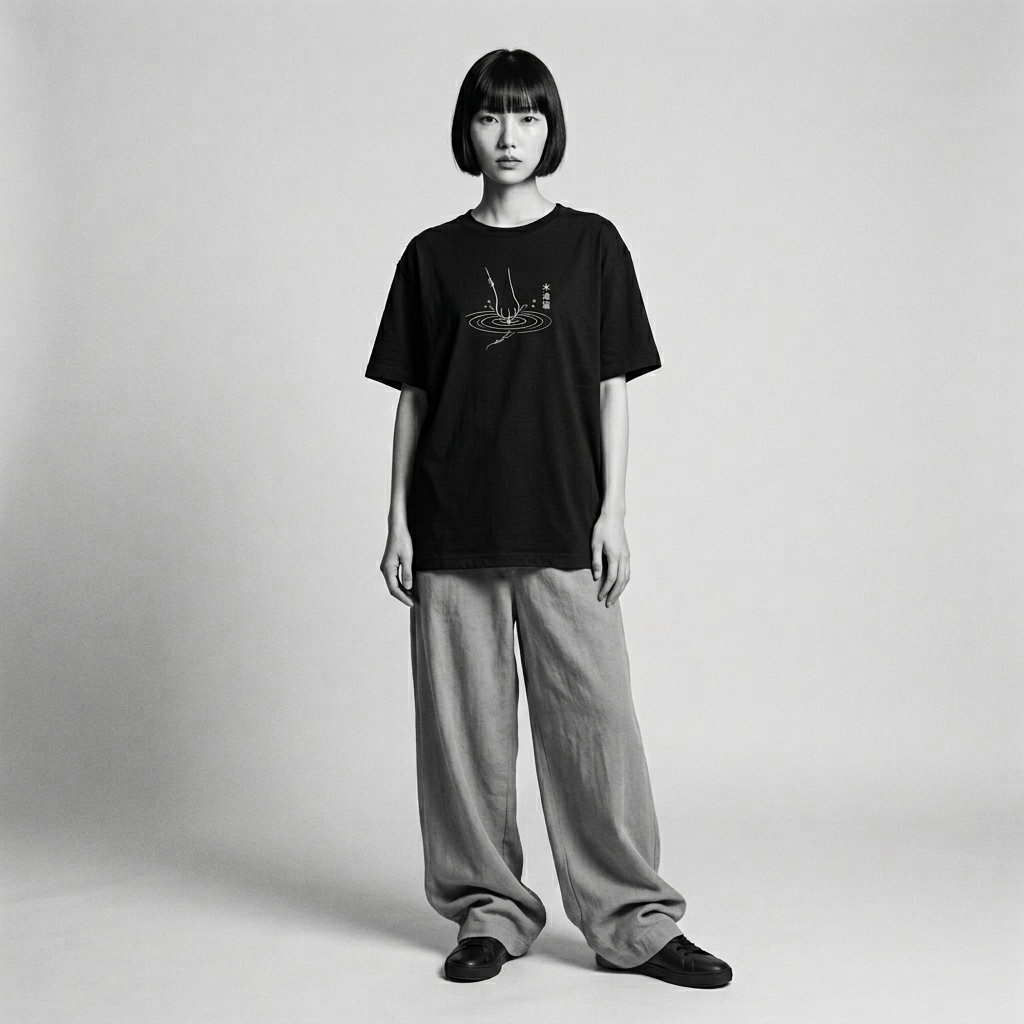 Nagi in the Kuroi Waterside Paw Cat Tee — standing