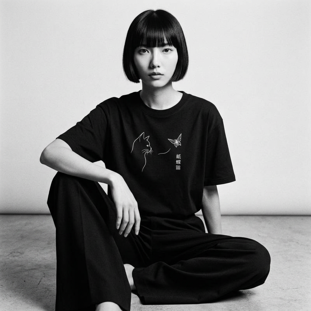 Nagi in the Kuroi Paper Butterfly Cat Tee — seated