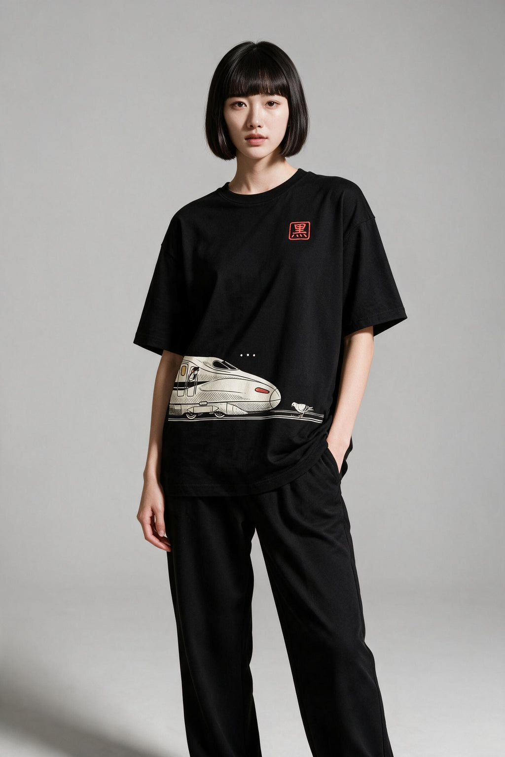 KUROI Hato Teisha oversized tee worn by model