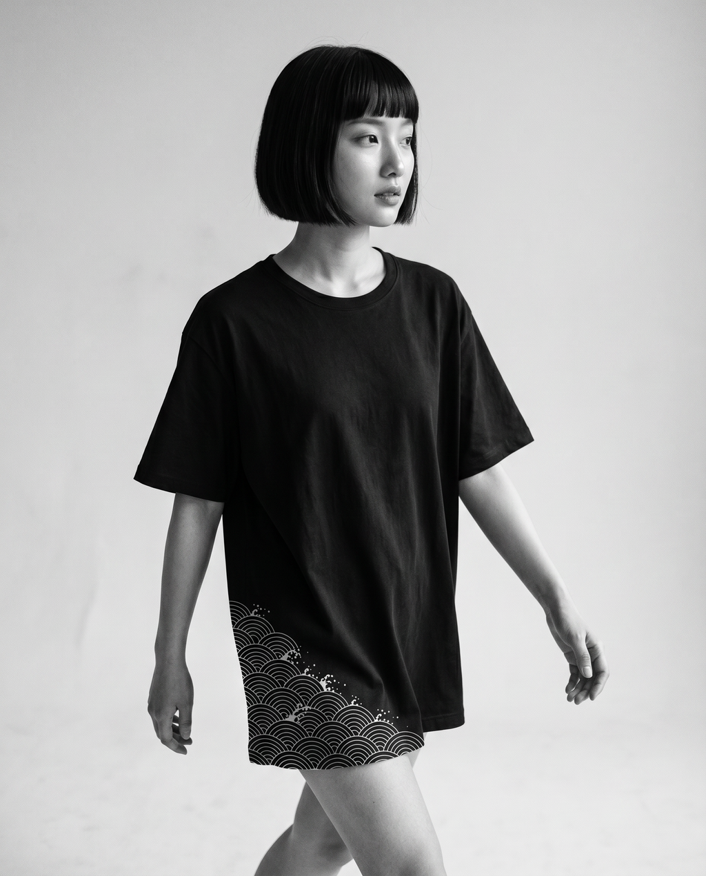 Nagi in the Kuroi Seigaiha Wave Tee — walking