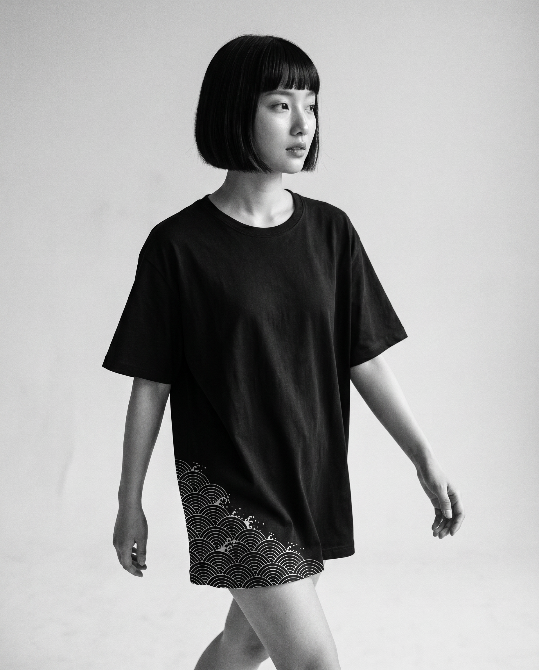 Nagi in the Kuroi Seigaiha Wave Tee — walking