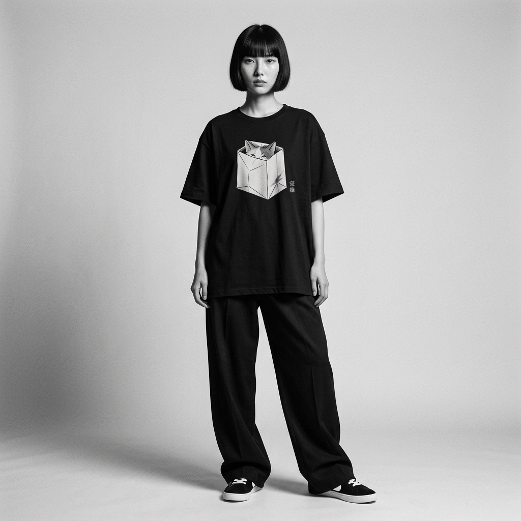 Nagi in the Kuroi Paper Cat Escape Tee — standing