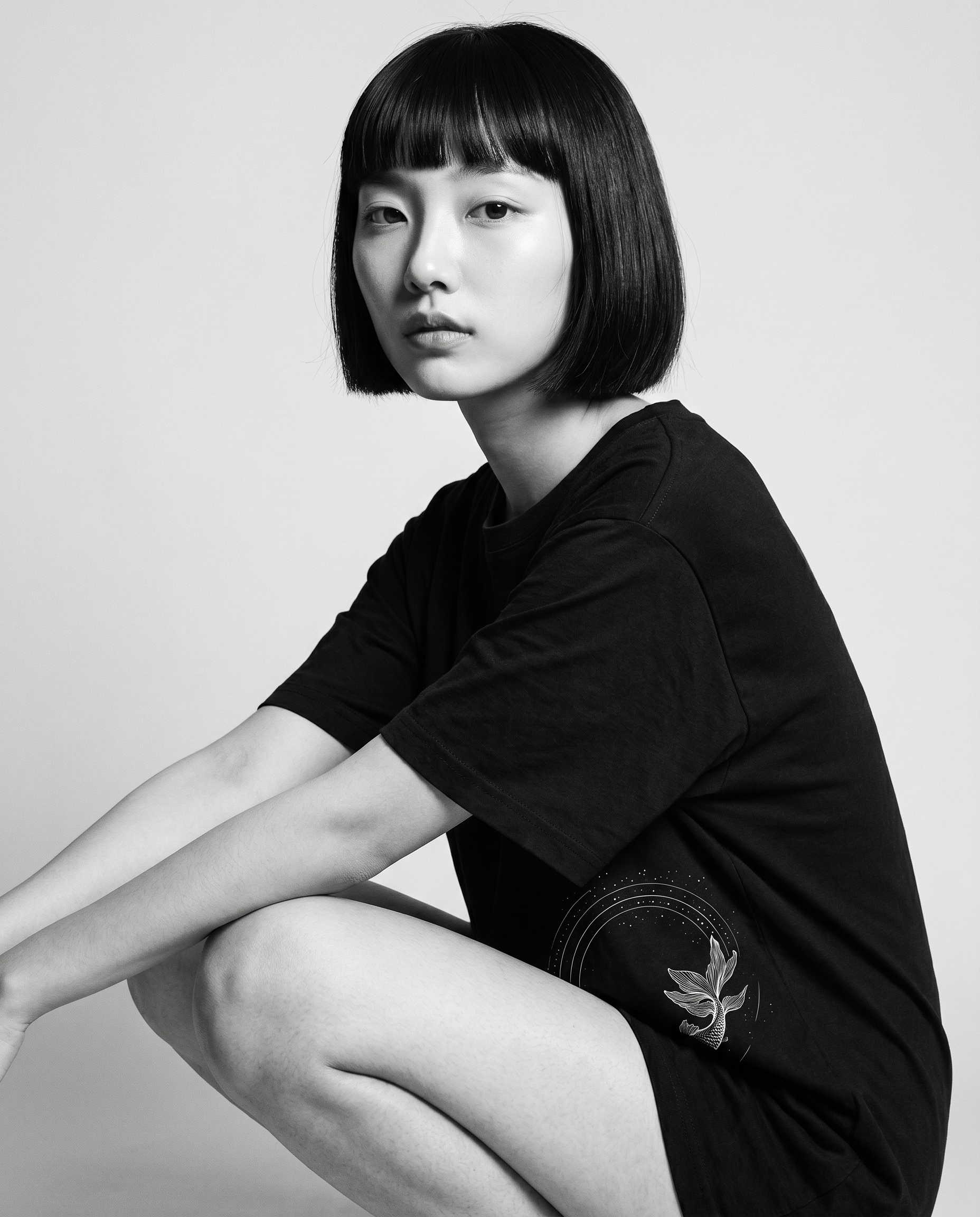 Nagi in the Kuroi Kingyo no Wa Tee — crouching