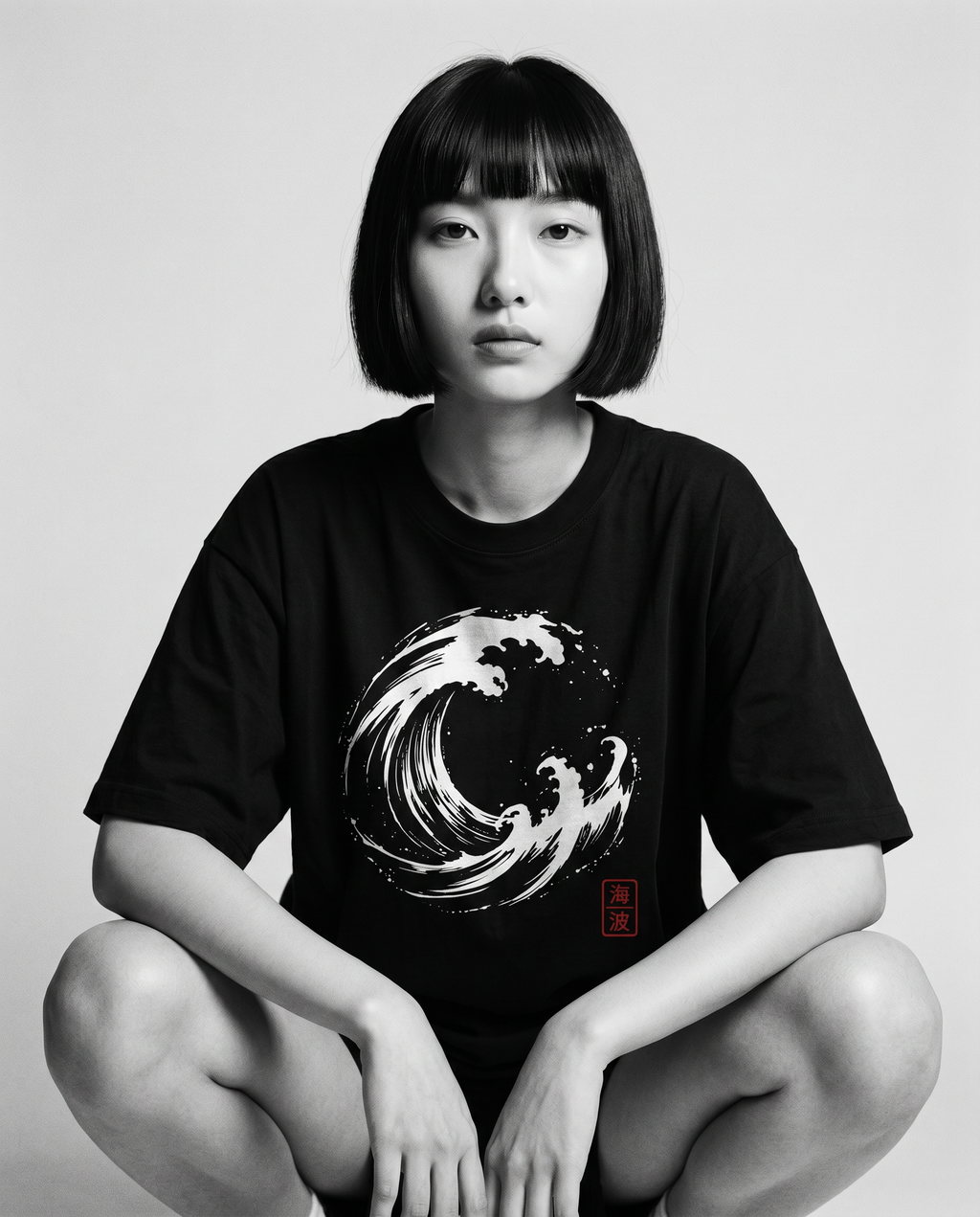 Nagi in the Kuroi Umi Nami Tee — crouching