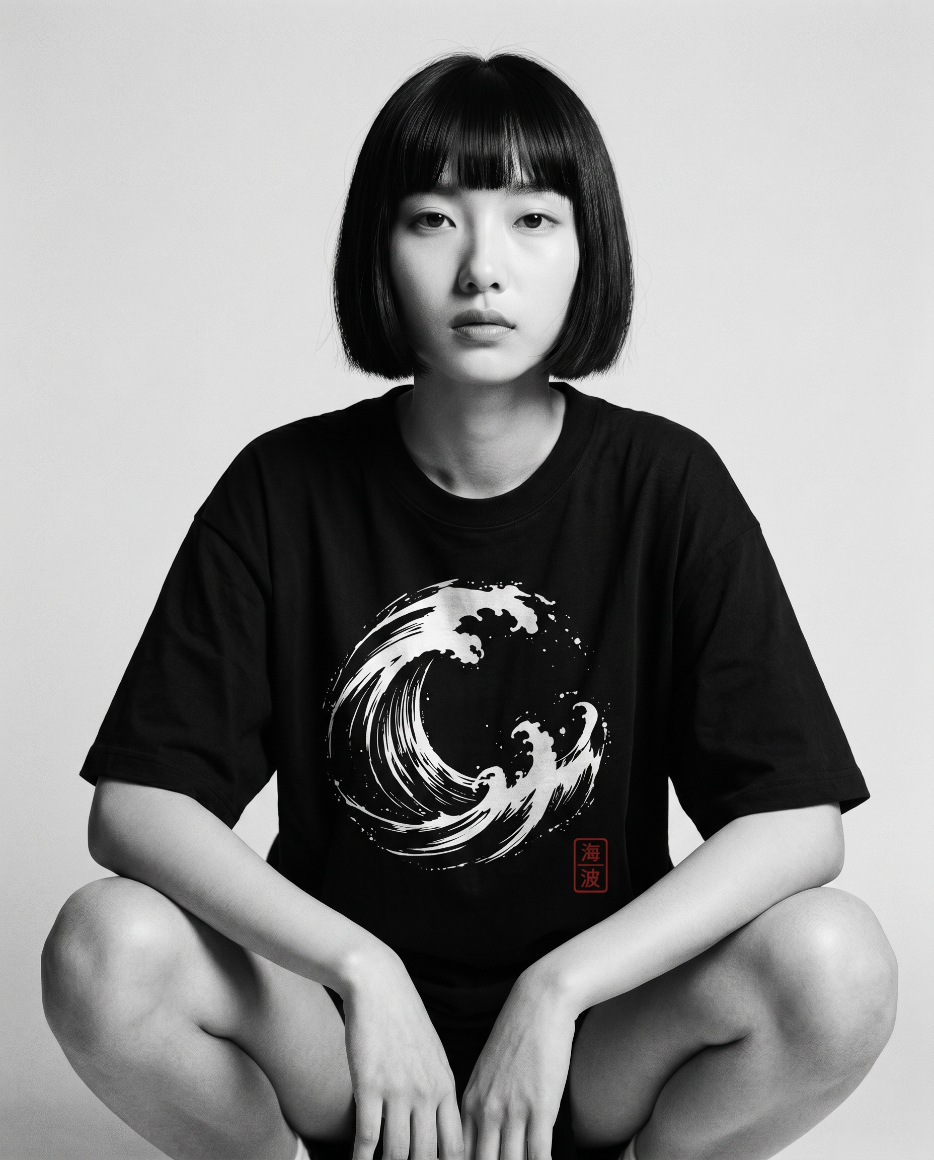 Nagi in the Kuroi Umi Nami Tee — crouching