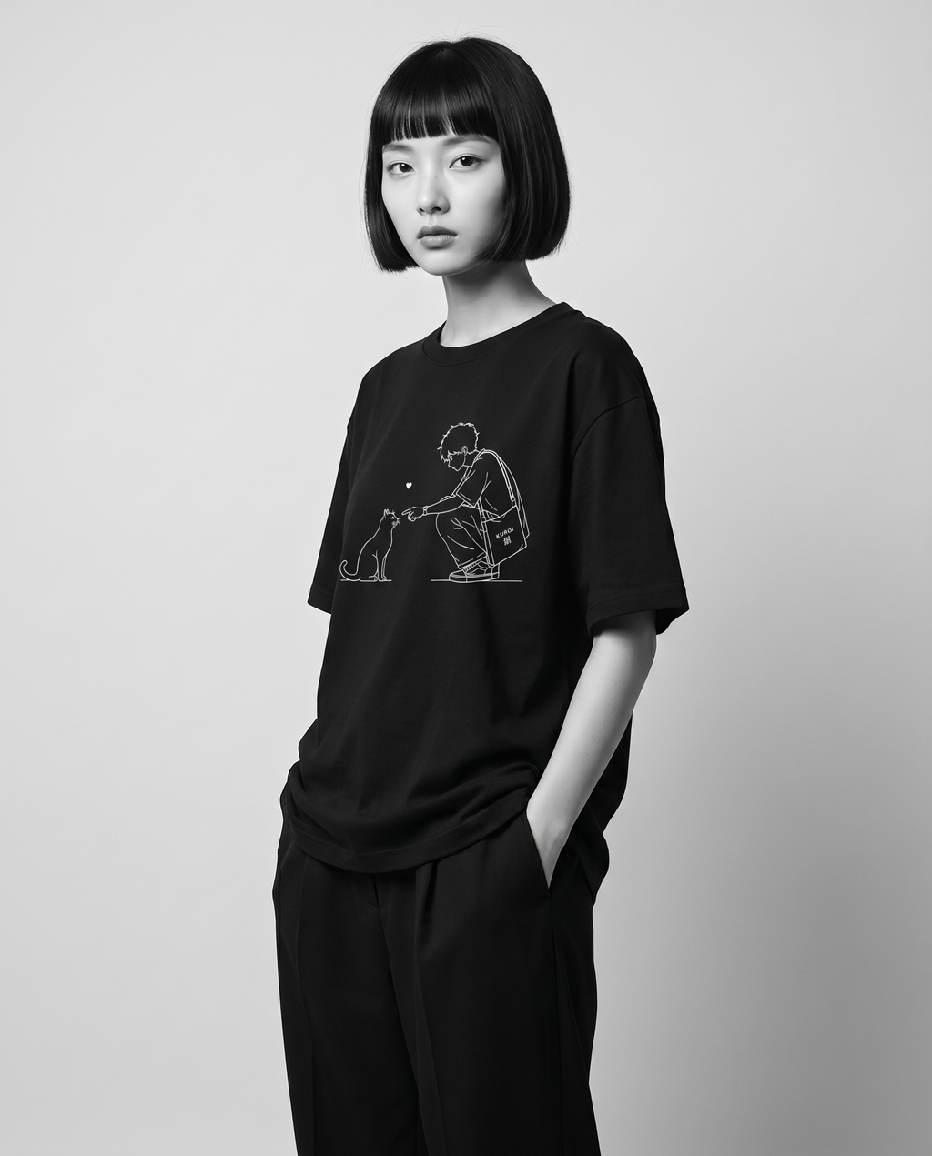 Nagi wearing the KUROI Neko no Yakusoku Tee — hands in pockets