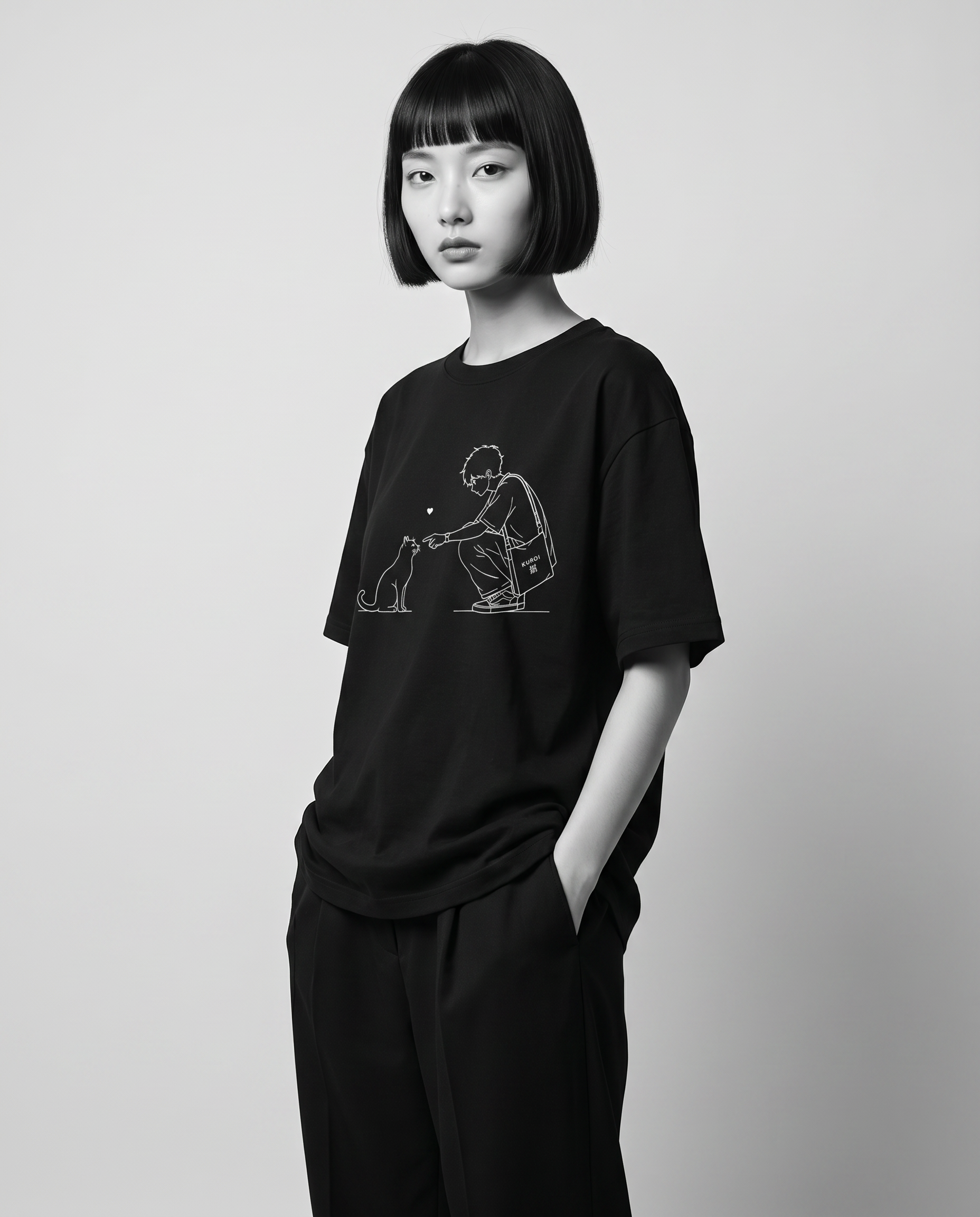 Nagi wearing the KUROI Neko no Yakusoku Tee — hands in pockets